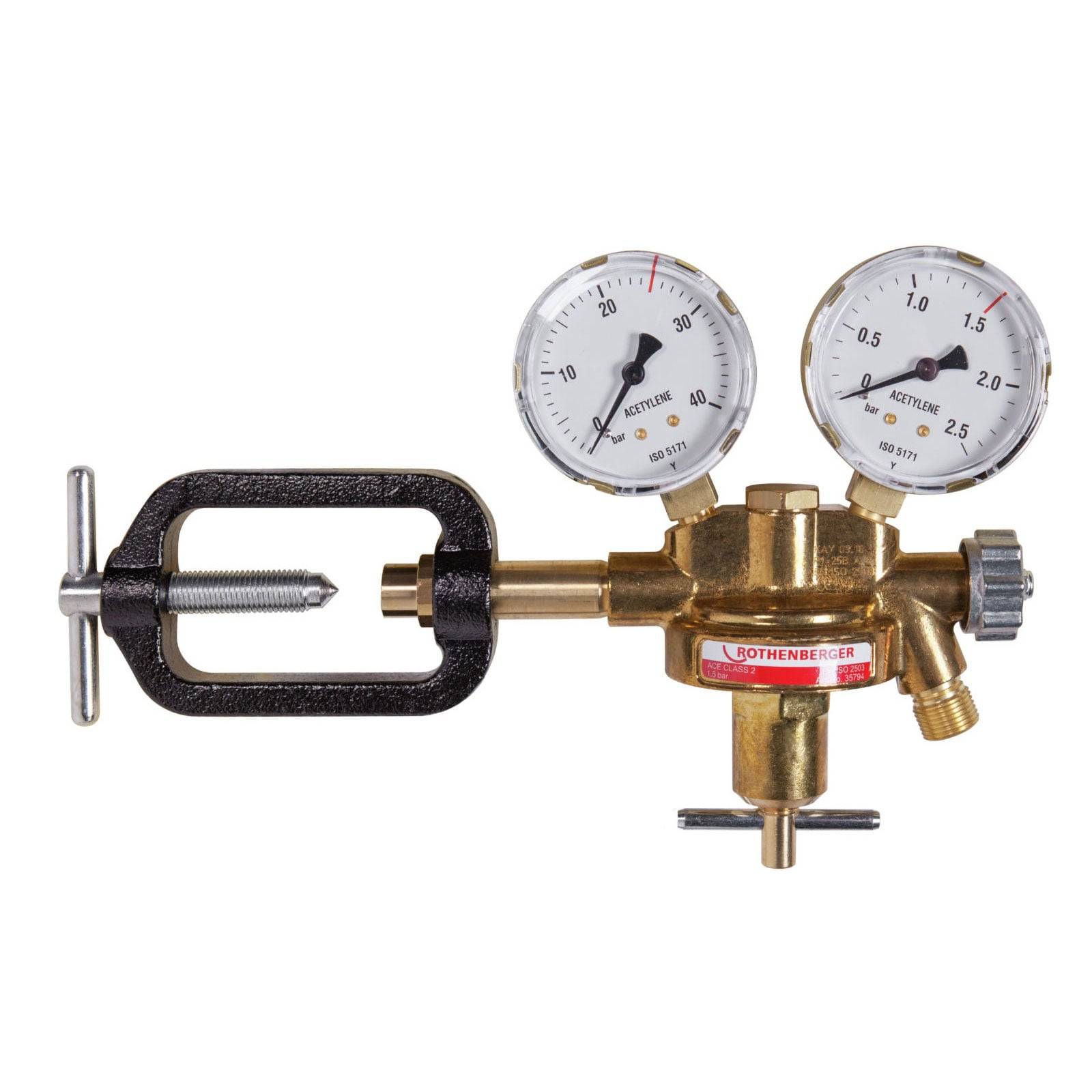 Ein Gasdruckregler mit zwei Manometern, eines für Hochdruck und eines für Niederdruck, der zur Messung und Steuerung des Gasflusses verwendet wird.