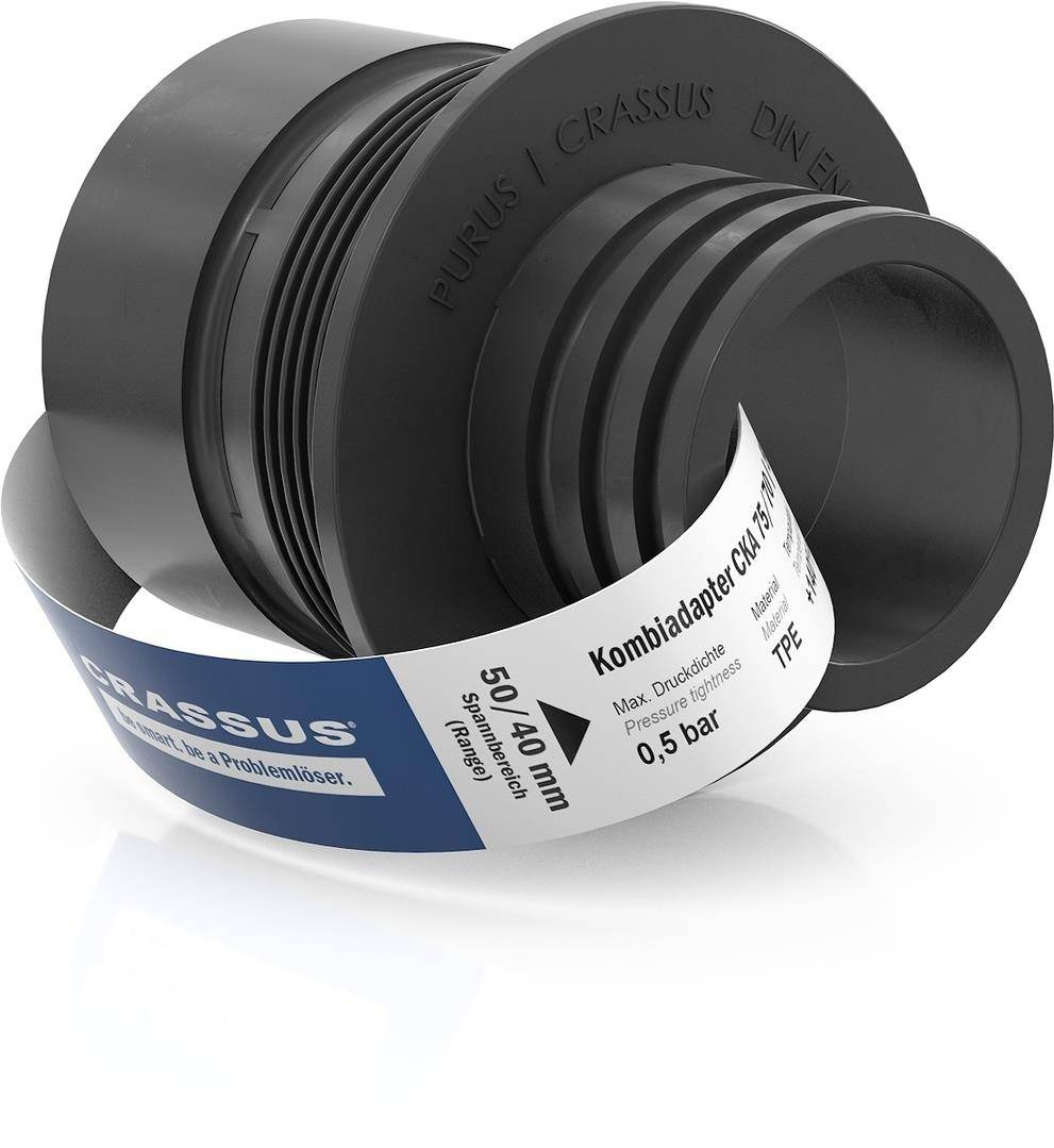 Kunststoff-Rohradapter aus schwarzem Kunststoff mit einer gekennzeichneten Verpackungsband, der einen 50/40-mm-Größenreduktionsverbinder zeigt.