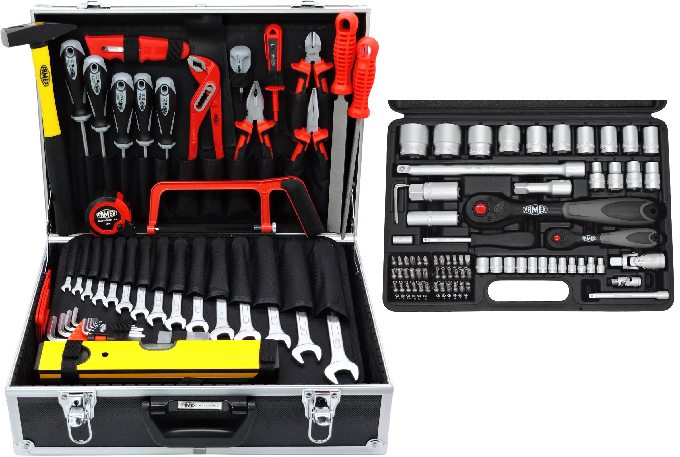 FAMEX 744-47 Alu Werkzeugkoffer gefüllt mit Werkzeug – Werkzeugkasten bestückt - 166-tlg