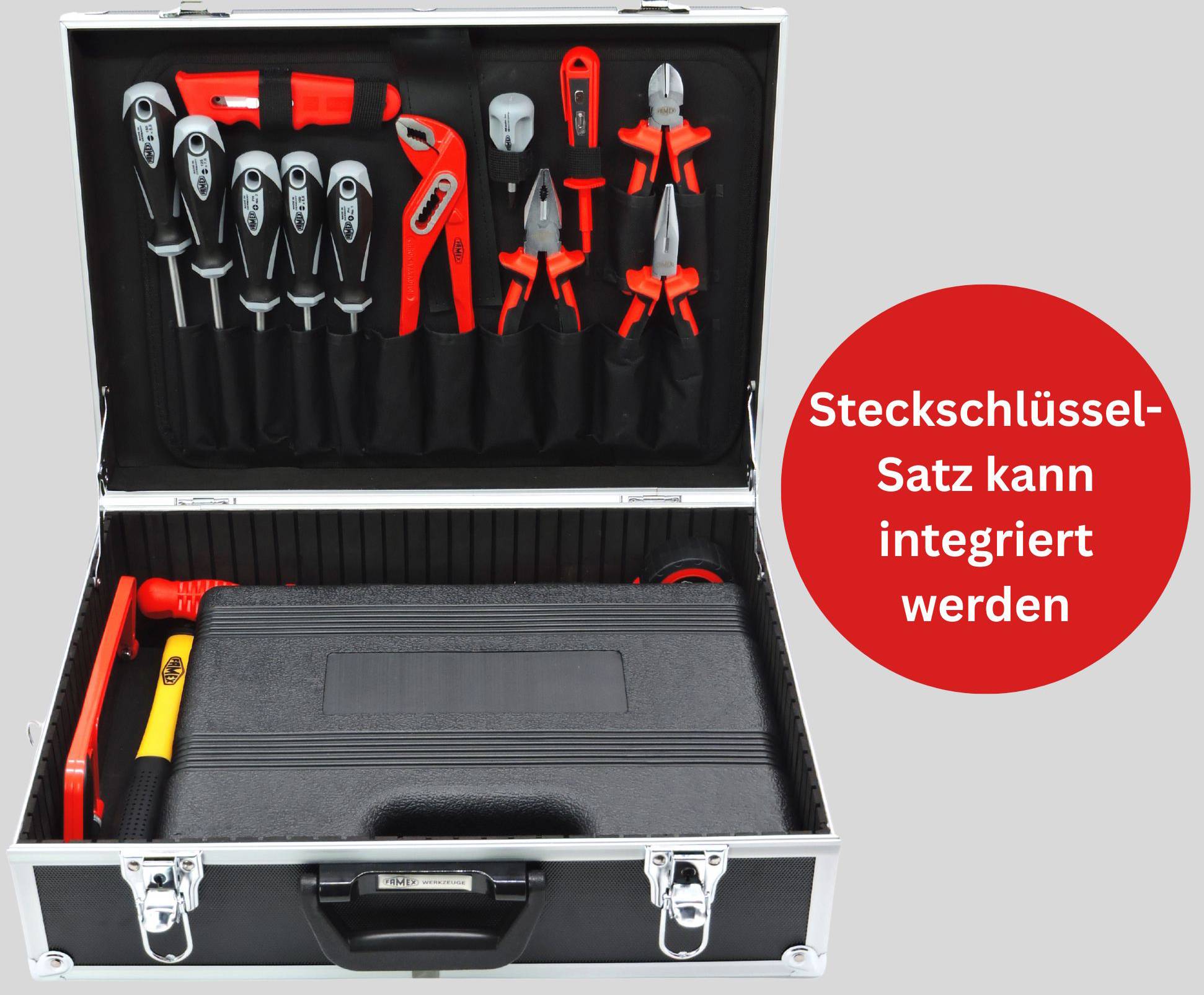 FAMEX 744-47 Alu Werkzeugkoffer gefüllt mit Werkzeug – Werkzeugkasten bestückt - 166-tlg