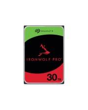 Seagate IronWolf Pro 30TB Festplatte mit Etikett in Grün, Schwarz und Rot mit Wolf-Logo.