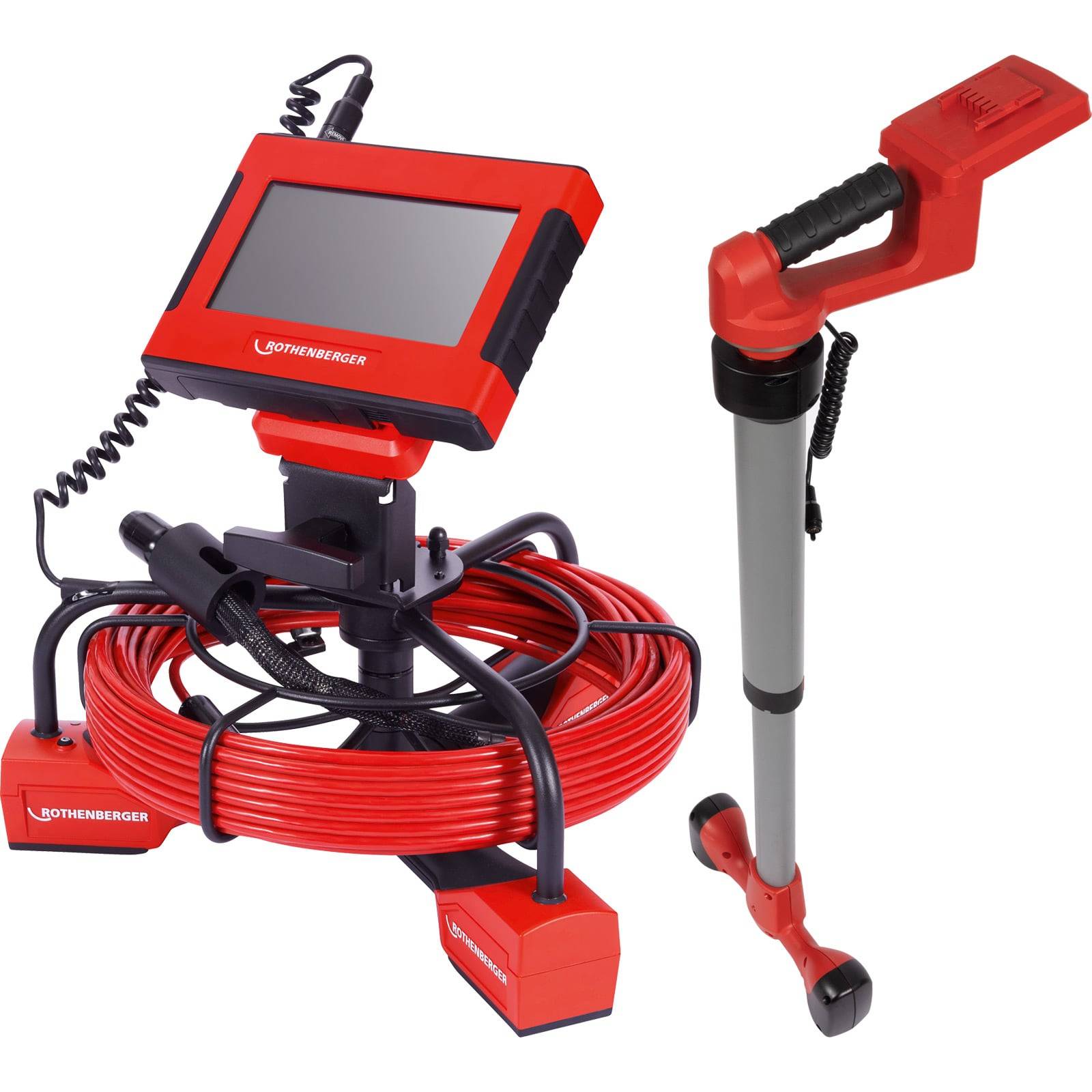 Eine rote und graue Kabelmesserkamera mit Monitor und Kabelrolle, die für Sanitär- oder Elektroinstallationsinspektionen verwendet wird.