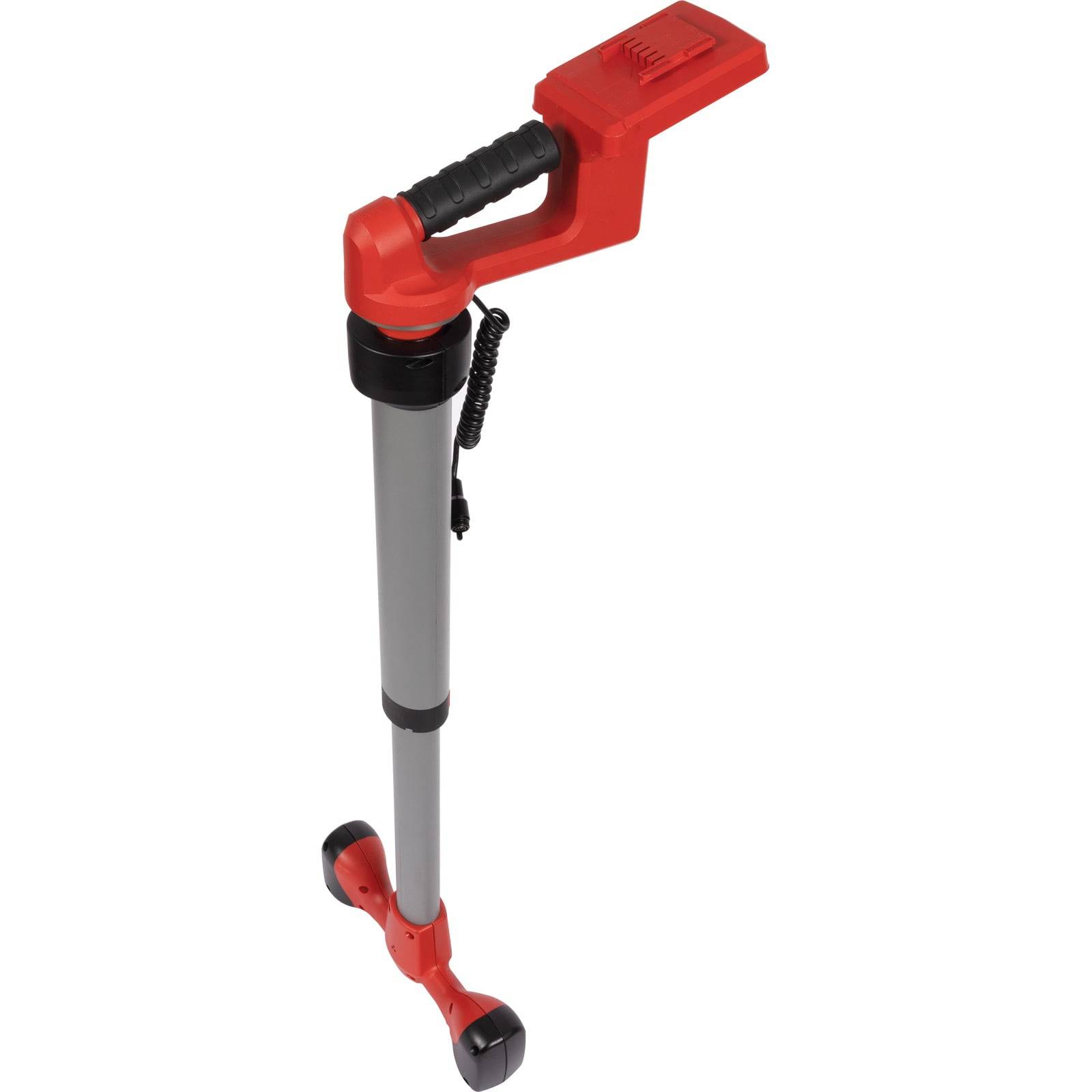 Eine rote und graue Teleskop-Gehstock mit einem schwarzen Griff und einer gummierten Basis, die für Stabilität und Unterstützung entwickelt wurde.