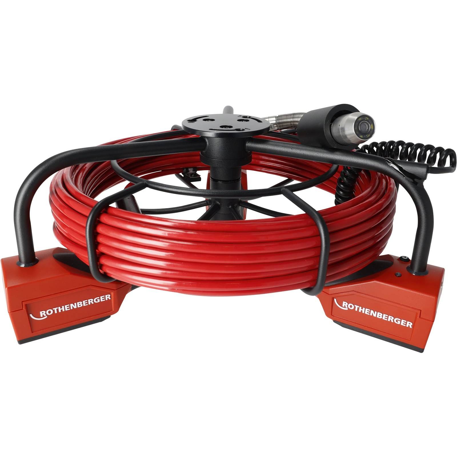 Ein aufgerolltes rotes Abflussreinigungskabel mit der Markenbezeichnung 'ROTHENBERGER', das auf einer roten Basis montiert ist und für Klempnerarbeiten konzipiert wurde.