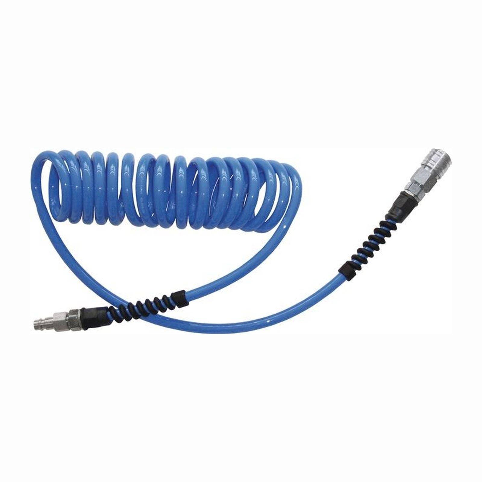 Ein blauer, gewickelter Luftschlauch mit Metallverbindern an beiden Enden, konzipiert für Druckluftgeräte und Kompressoren.