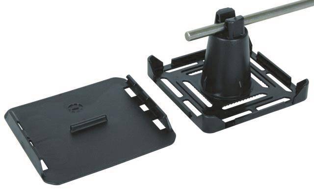 Ein schwarzes verstellbares Bodenpedestal zur Unterstützung von Erhebungsbodenplatten mit abnehmbarer Basis und einer Schraube zur Höhenverstellung.