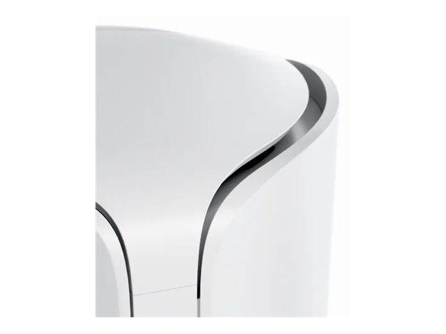 Eine elegante, moderne Ecke eines weißen und silbernen elektronischen Geräts, die glatte, geschwungene Kanten und einen metallischen Finish präsentiert.