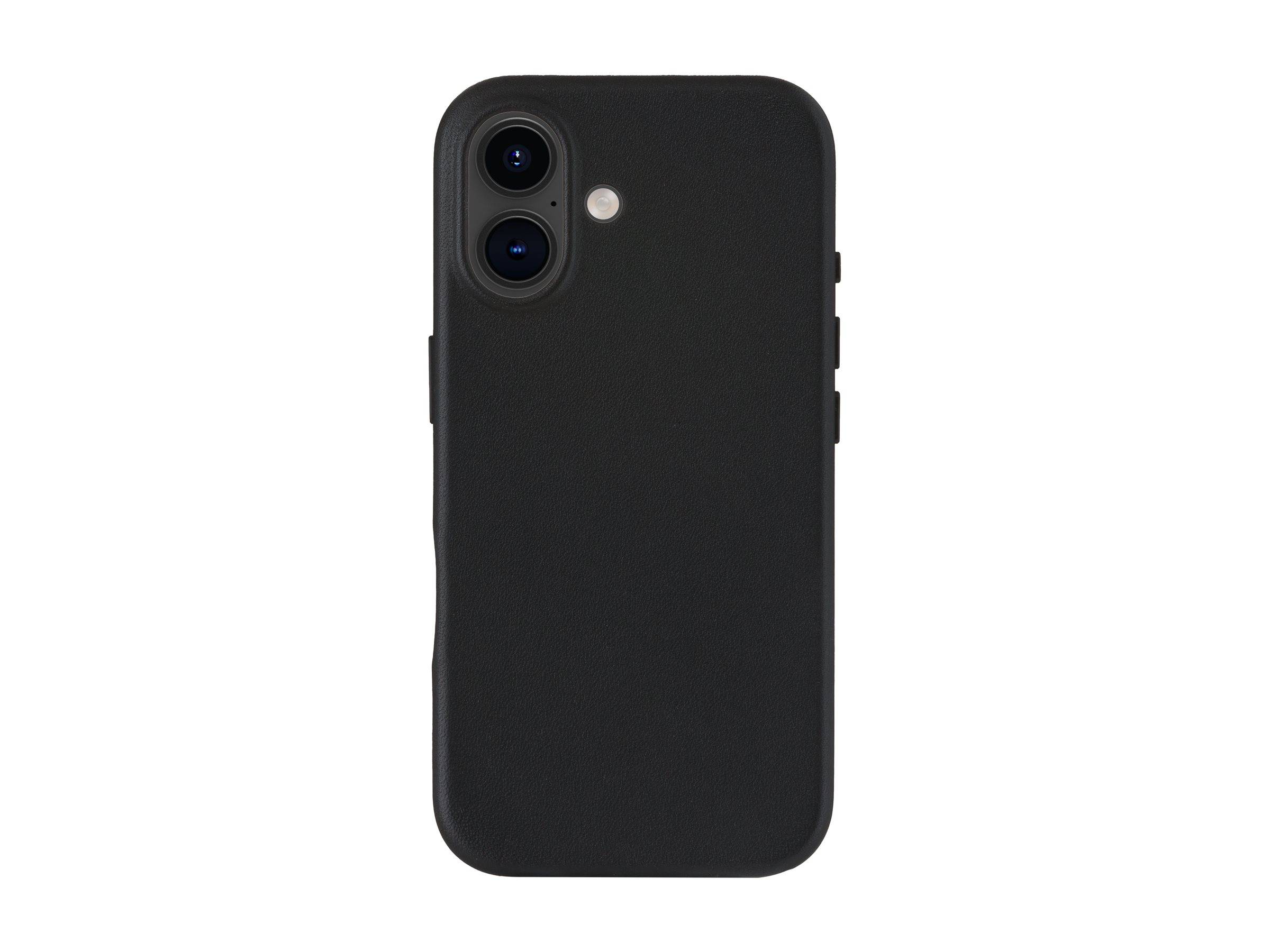 Eine schwarze Smartphone-Hülle mit Aussparungen für Dual-Kameras und Blitz auf der Rückseite.