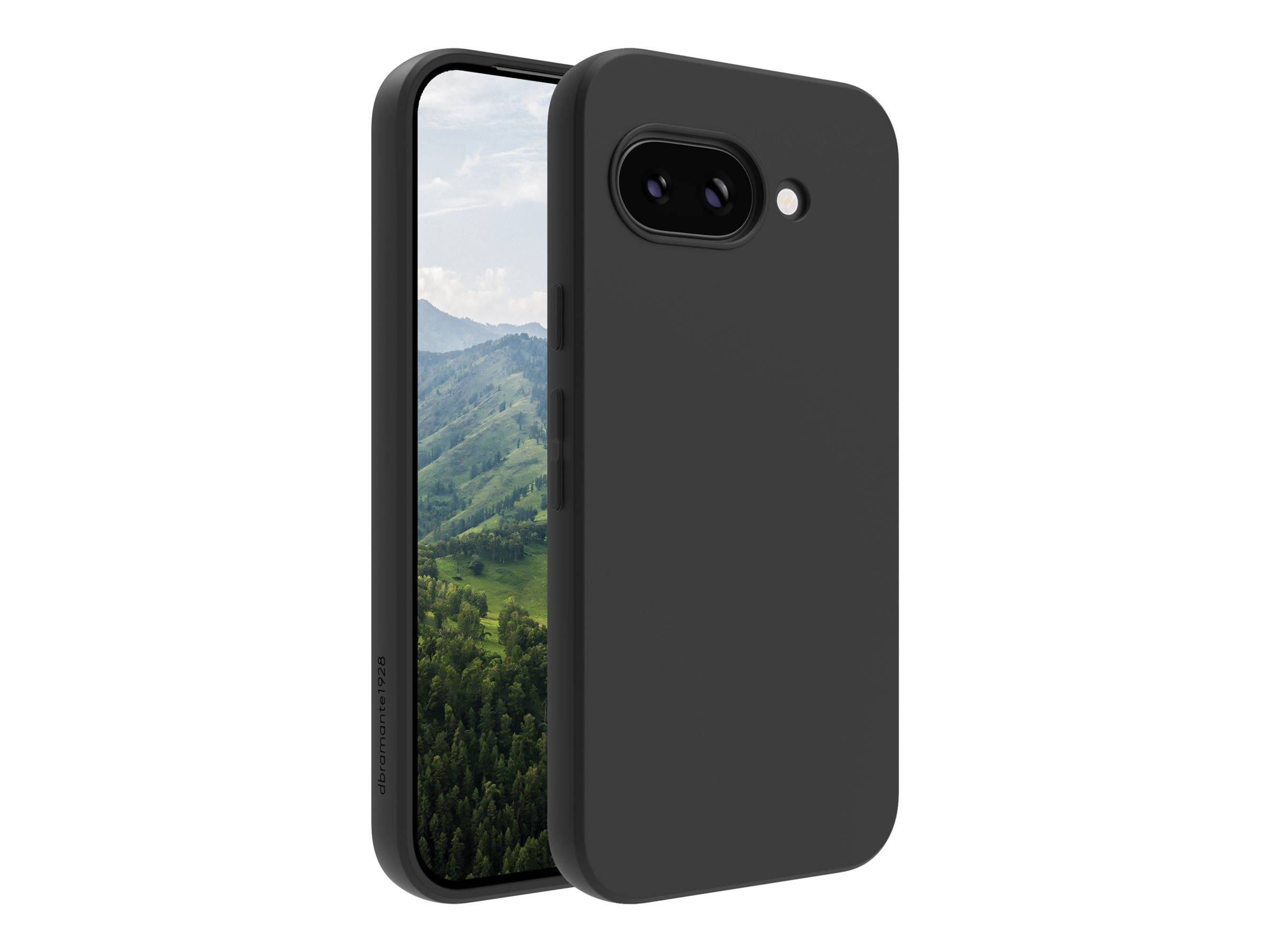 Schwarzes Smartphone von vorne und hinten gezeigt, mit einer Landschaftsaufnahme als Hintergrundbild auf dem Bildschirm und einer Dual-Kamera-Ausschnitt auf der Rückseite.