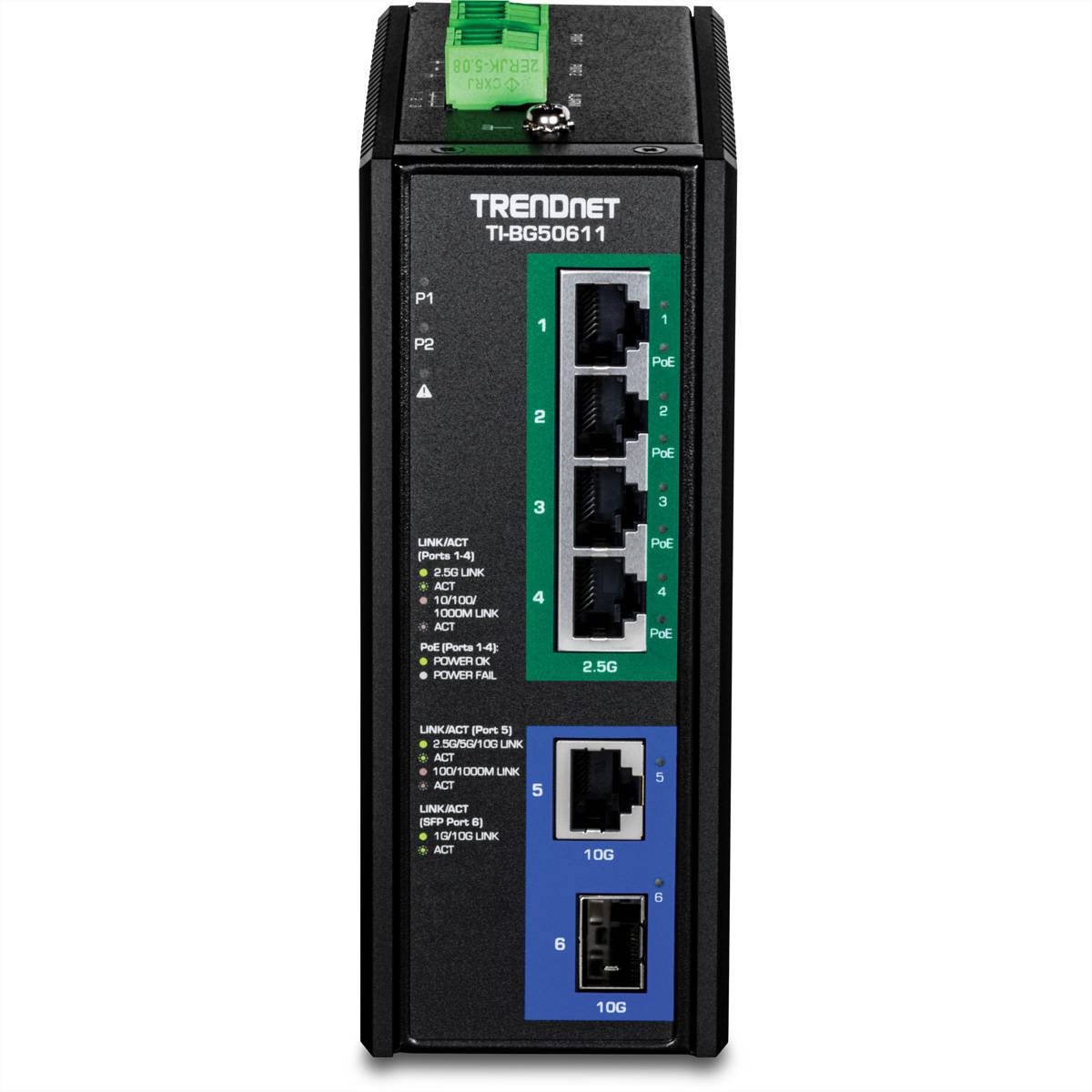 TRENDnet TI-BG50611 Industrial DIN-Rail Switch 2,5G 6-Port PoE++ mit 10G Ports