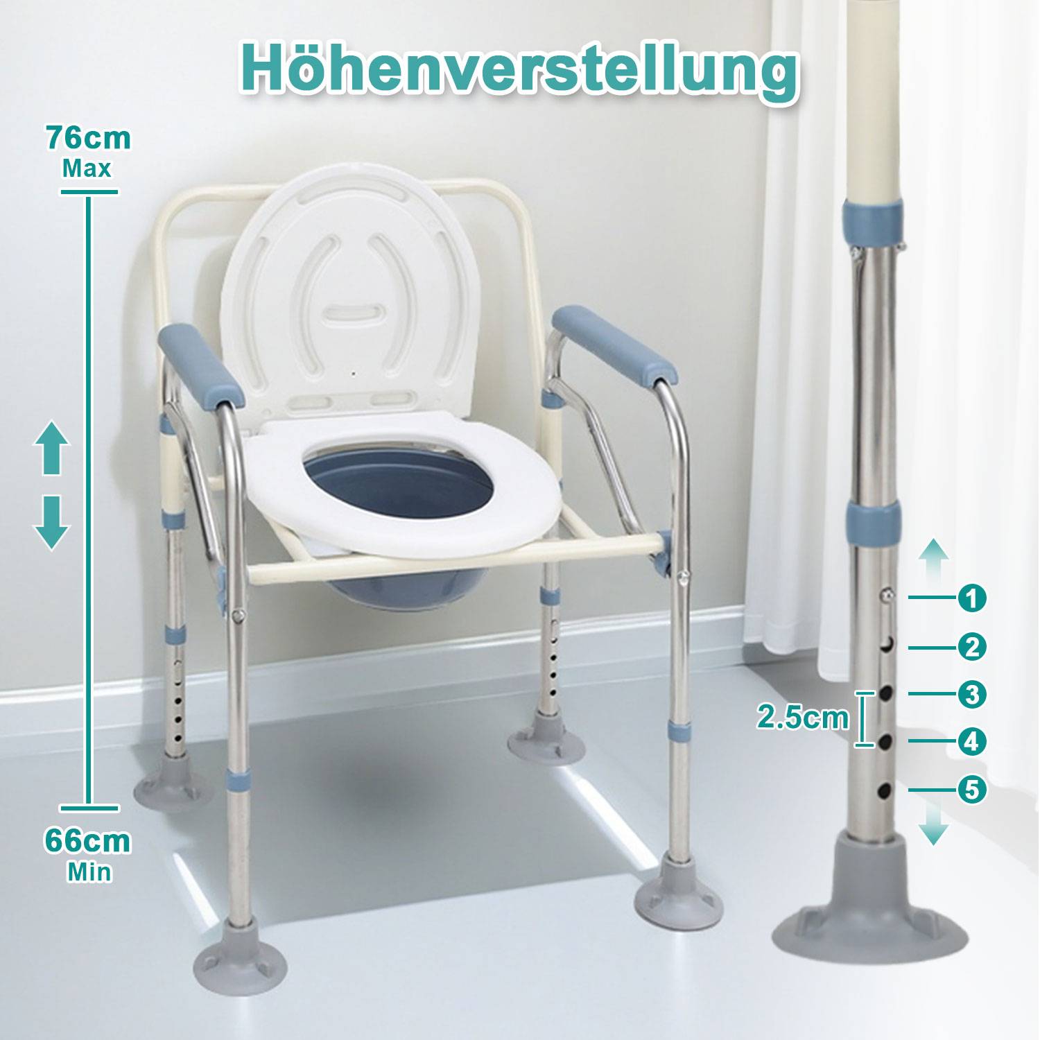 Faltbar Toilettenstuhl inkl. Eimer Höhenverstellbar Nachtstuhl Toilettenhilfe Antirutschenden WC-Stuhl mit Armlehne bis 150 kg