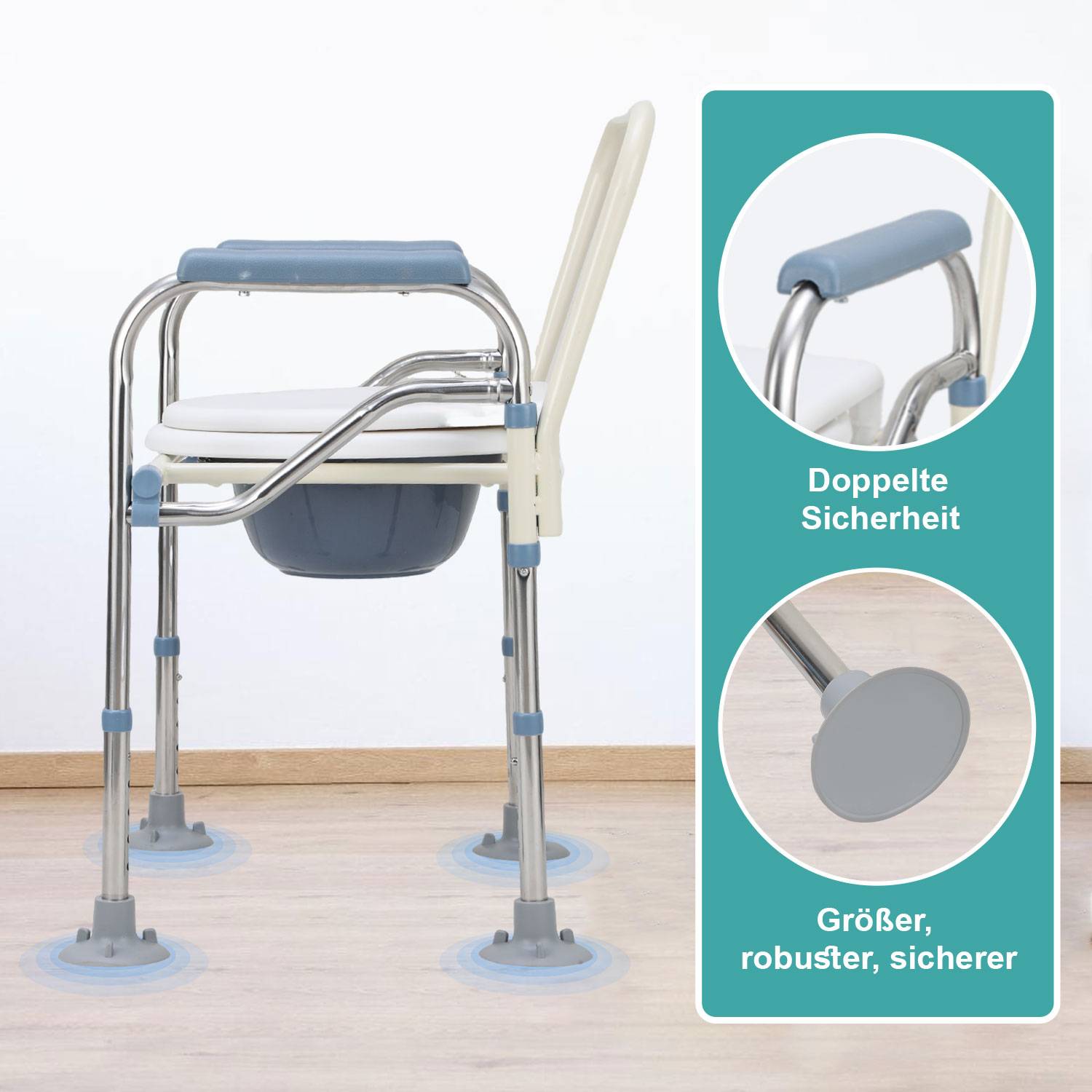 Faltbar Toilettenstuhl inkl. Eimer Höhenverstellbar Nachtstuhl Toilettenhilfe Antirutschenden WC-Stuhl mit Armlehne bis 150 kg