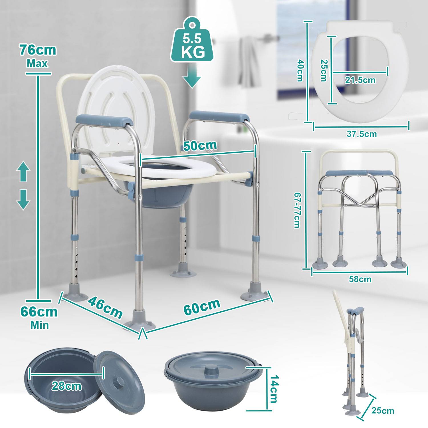 Faltbar Toilettenstuhl inkl. Eimer Höhenverstellbar Nachtstuhl Toilettenhilfe Antirutschenden WC-Stuhl mit Armlehne bis 150 kg