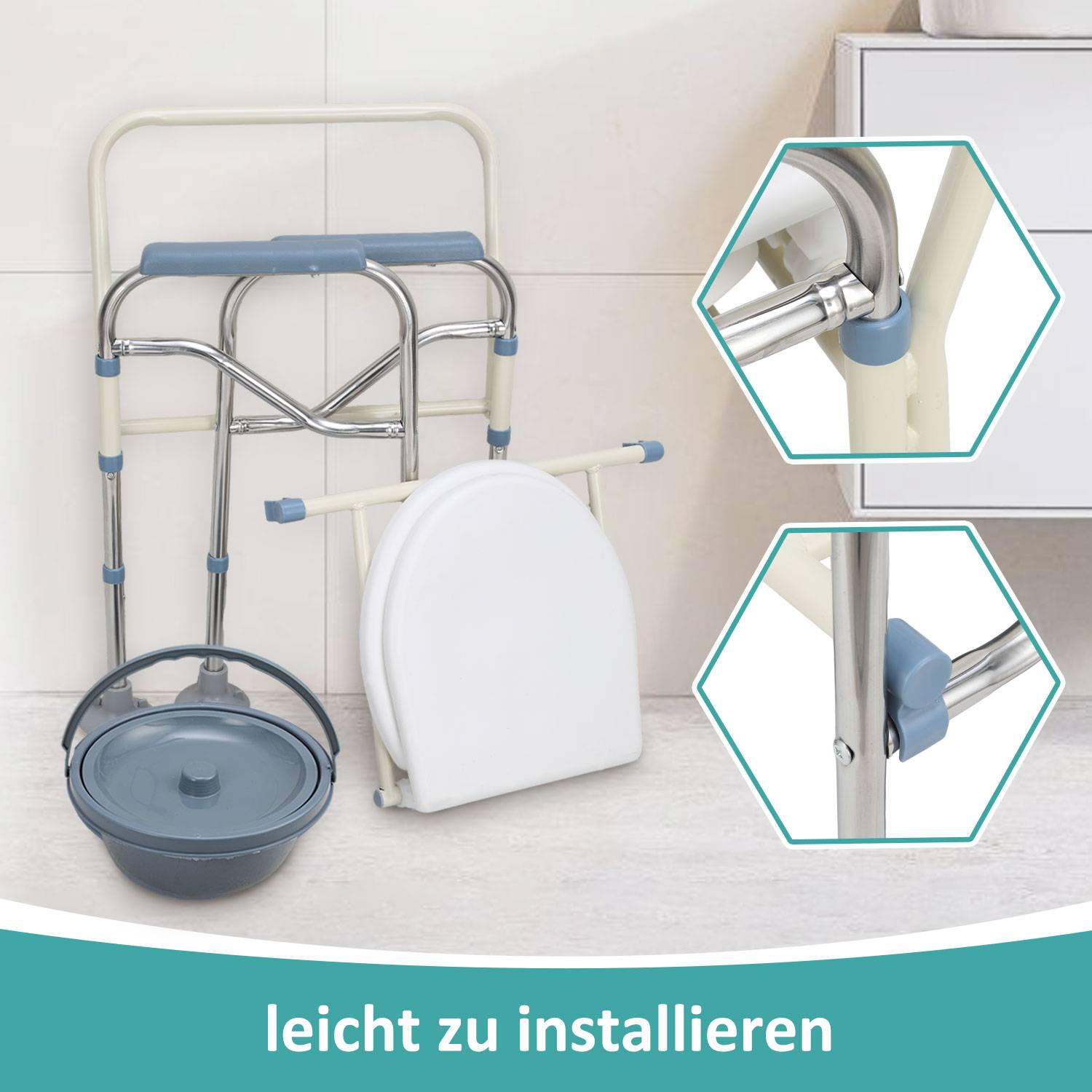 Faltbar Toilettenstuhl inkl. Eimer Höhenverstellbar Nachtstuhl Toilettenhilfe Antirutschenden WC-Stuhl mit Armlehne bis 150 kg
