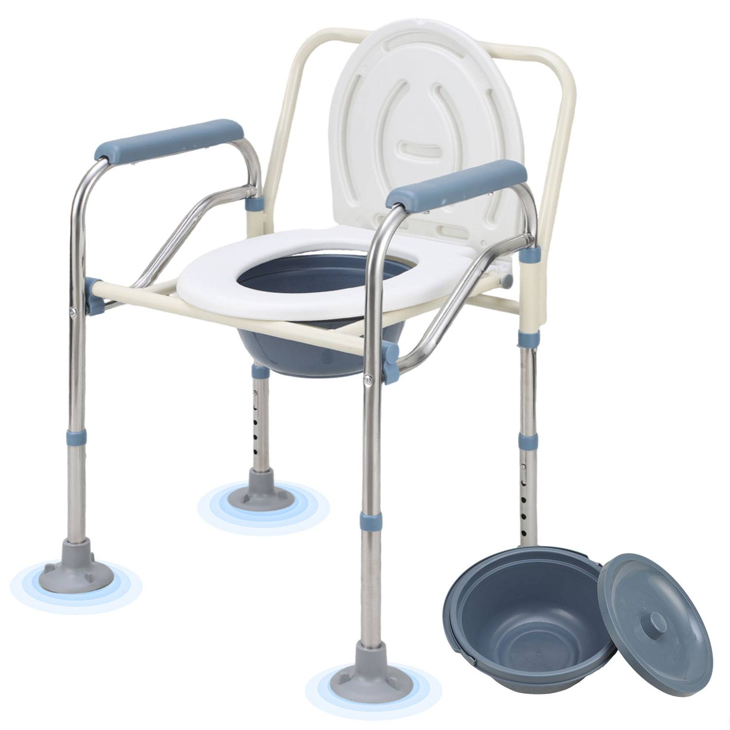 Toilettenstuhl Höhenverstellbar inkl. Eimer Klappbar Antirutschenden WC-Stuhl Nachtstuhl Feststehend Stuhl Mit Toilettensitz bis 150 kg