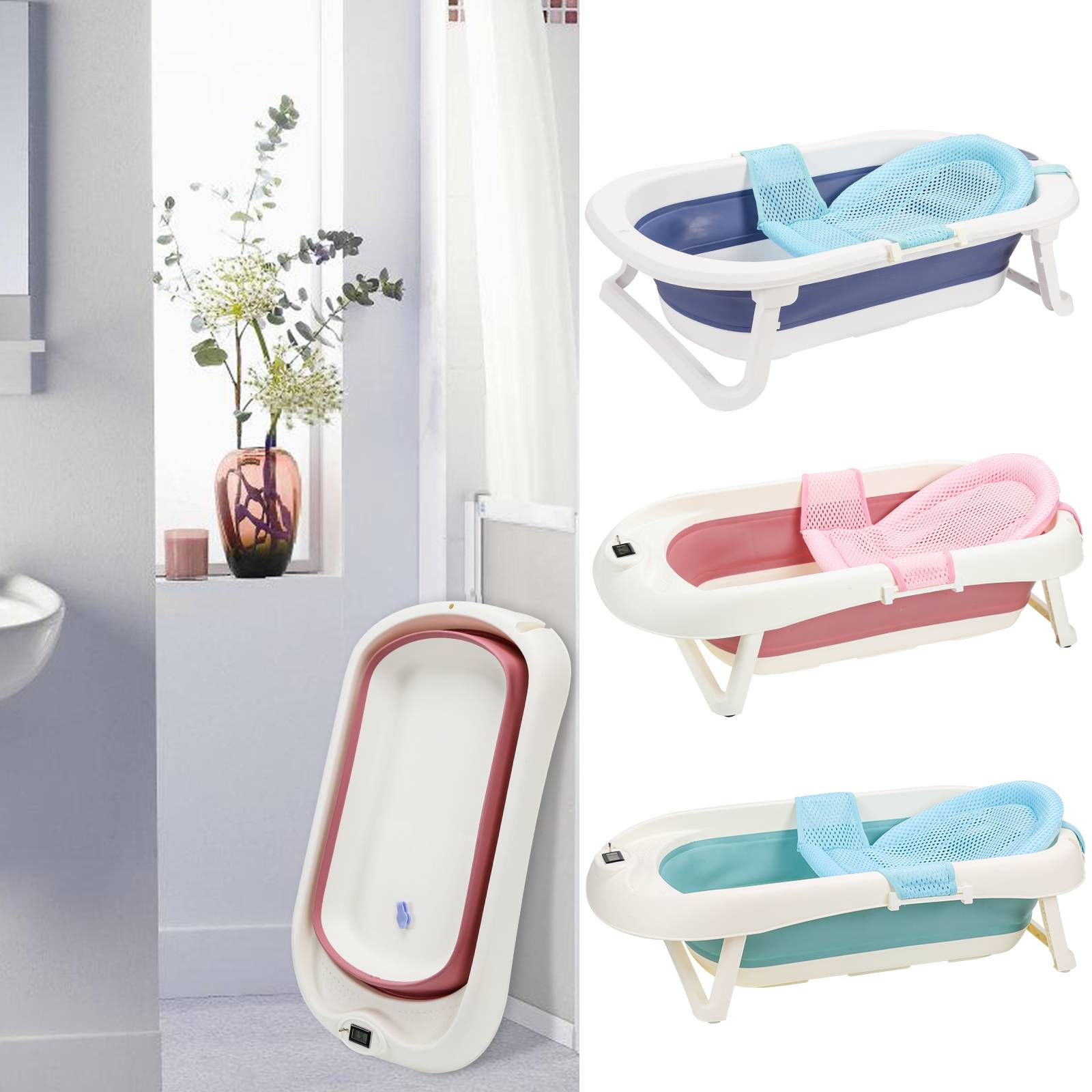 Baby Badewanne Neugeborenen Faltbare Babywanne Kinderbadewanne Temperatur-Sensor,Rosa