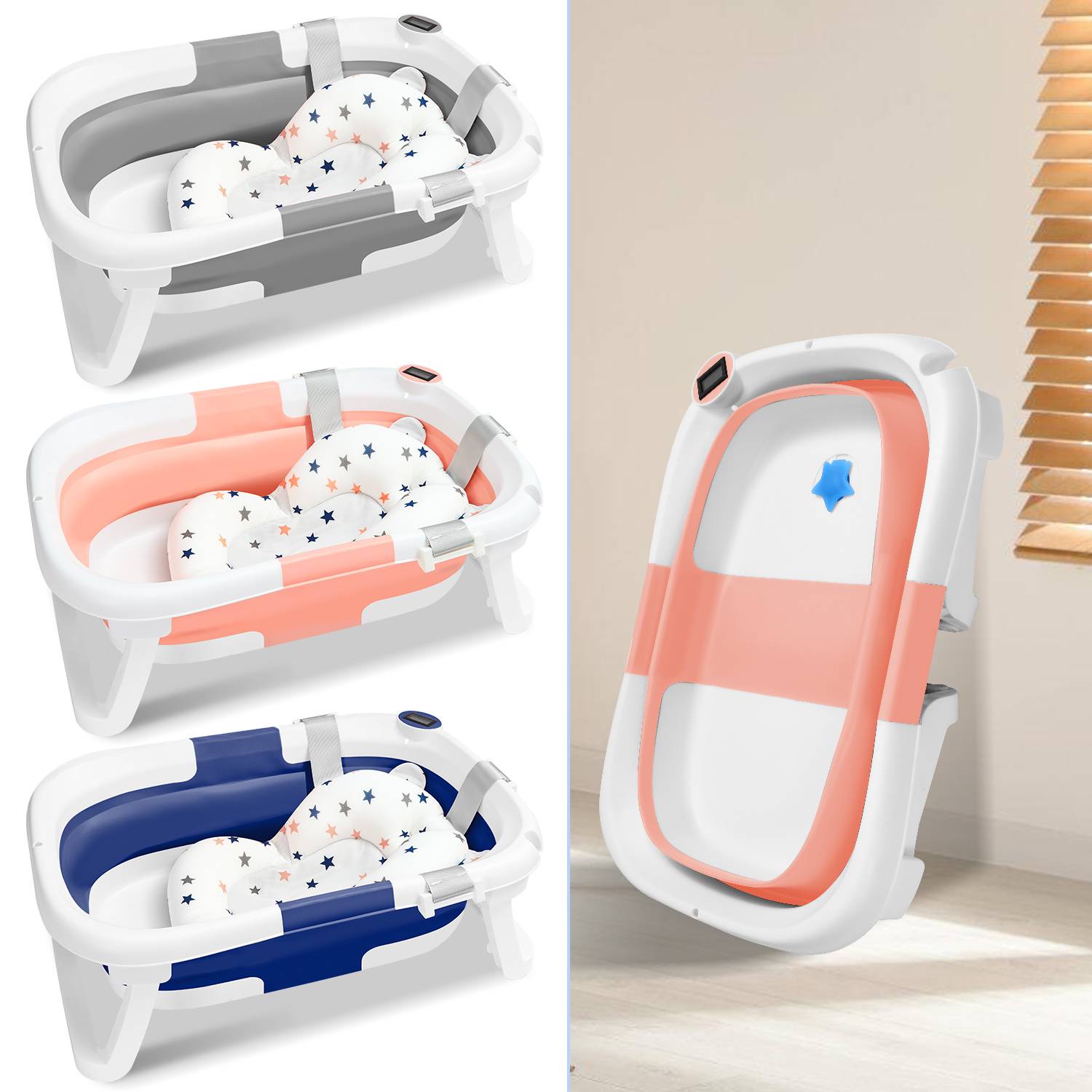 Baby Badewanne Faltbar mit Thermometer und Badekissen - Faltbare Badewanne Baby - Babywanne - Rosa