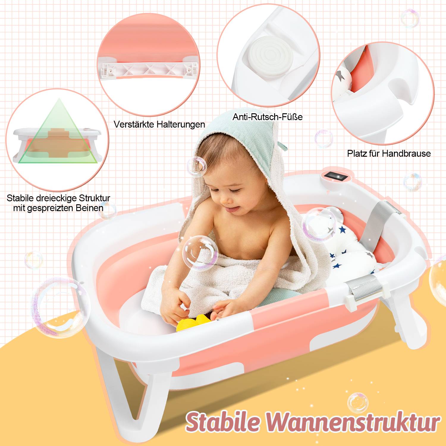Baby Badewanne Faltbar mit Thermometer und Badekissen - Faltbare Badewanne Baby - Babywanne - Rosa