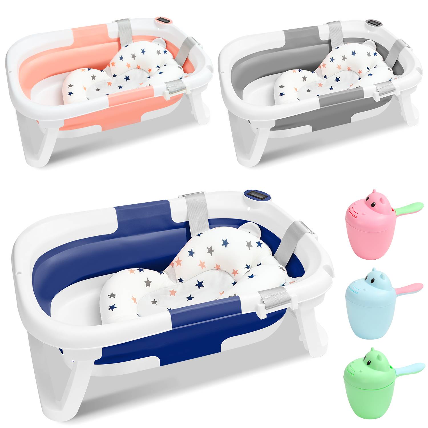 Baby Badewanne Faltbar mit Thermometer und Badekissen - Faltbare Badewanne Baby - Babywanne - Grau