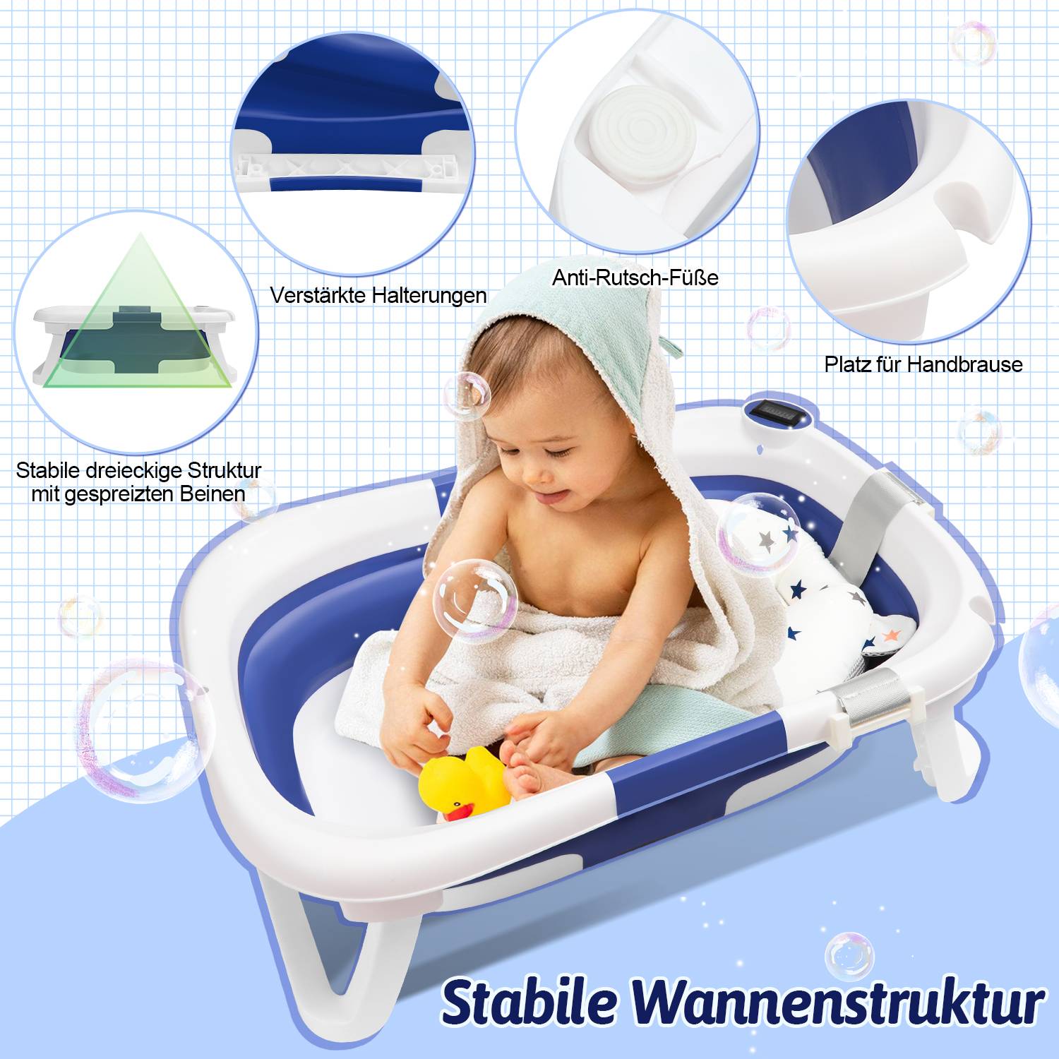 Baby Badewanne Faltbar mit Thermometer und Badekissen - Faltbare Badewanne Baby - Babywanne - Grau