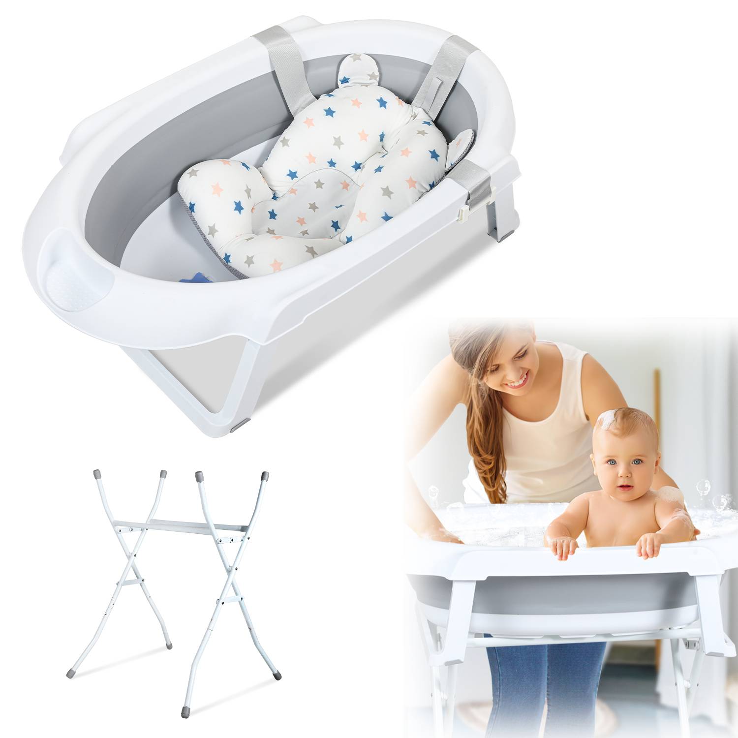 Babybadewanne mit Gestell Tragfähigkeit 10kg - Baby Badewanne Faltbar mit Badekissen,Grau