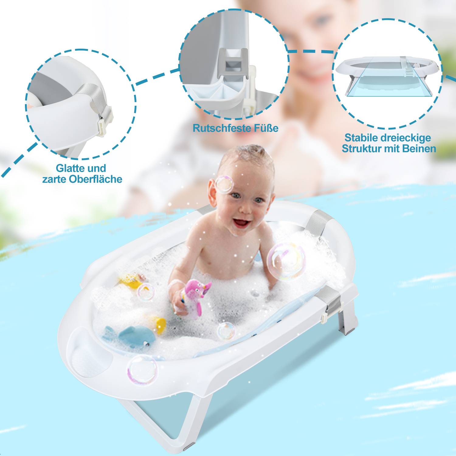 Babybadewanne mit Gestell Tragfähigkeit 10kg - Baby Badewanne Faltbar mit Badekissen,Grau
