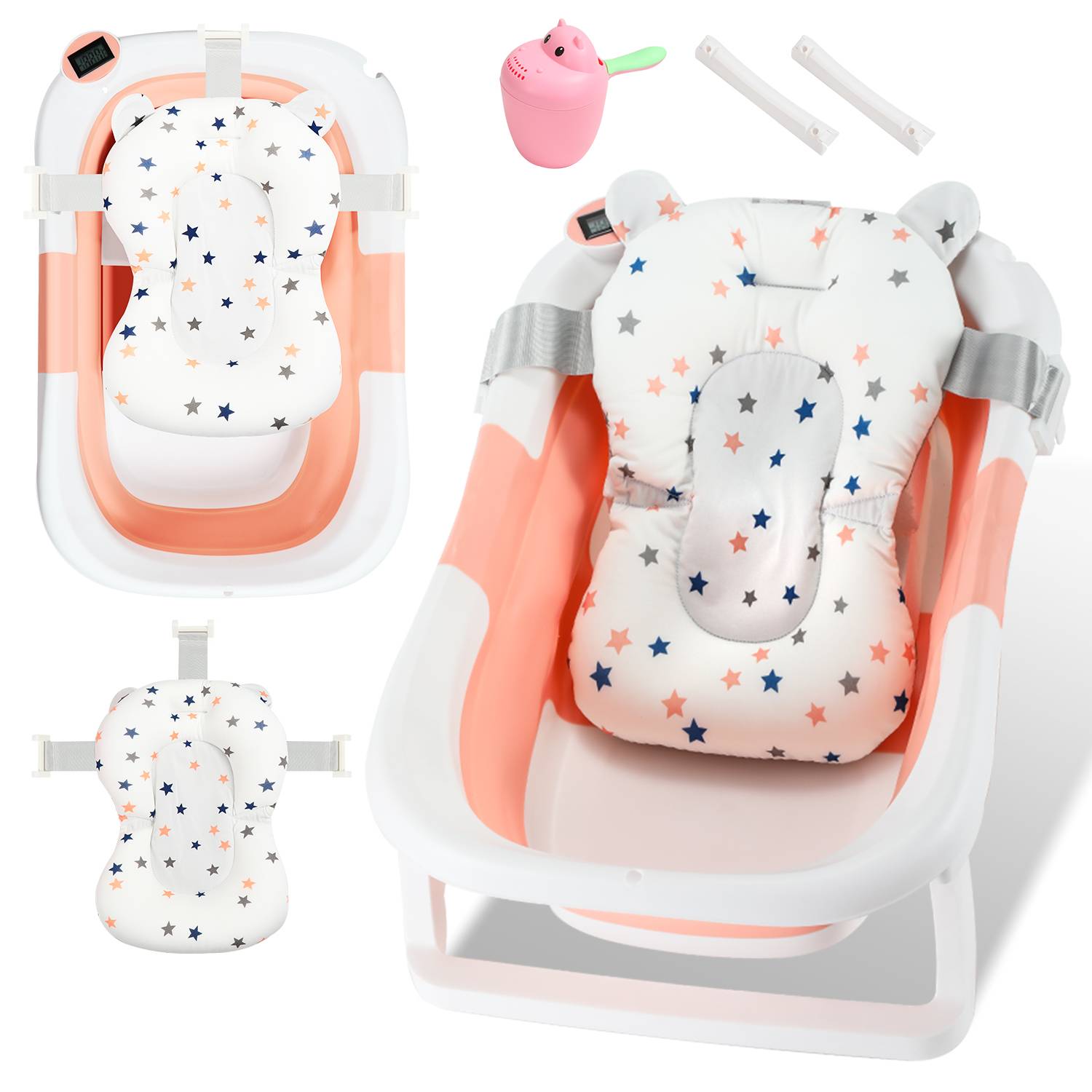 Baby Badewanne Faltbar mit Thermometer und Badekissen - Faltbare Badewanne Baby 60.5 cm - Rosa