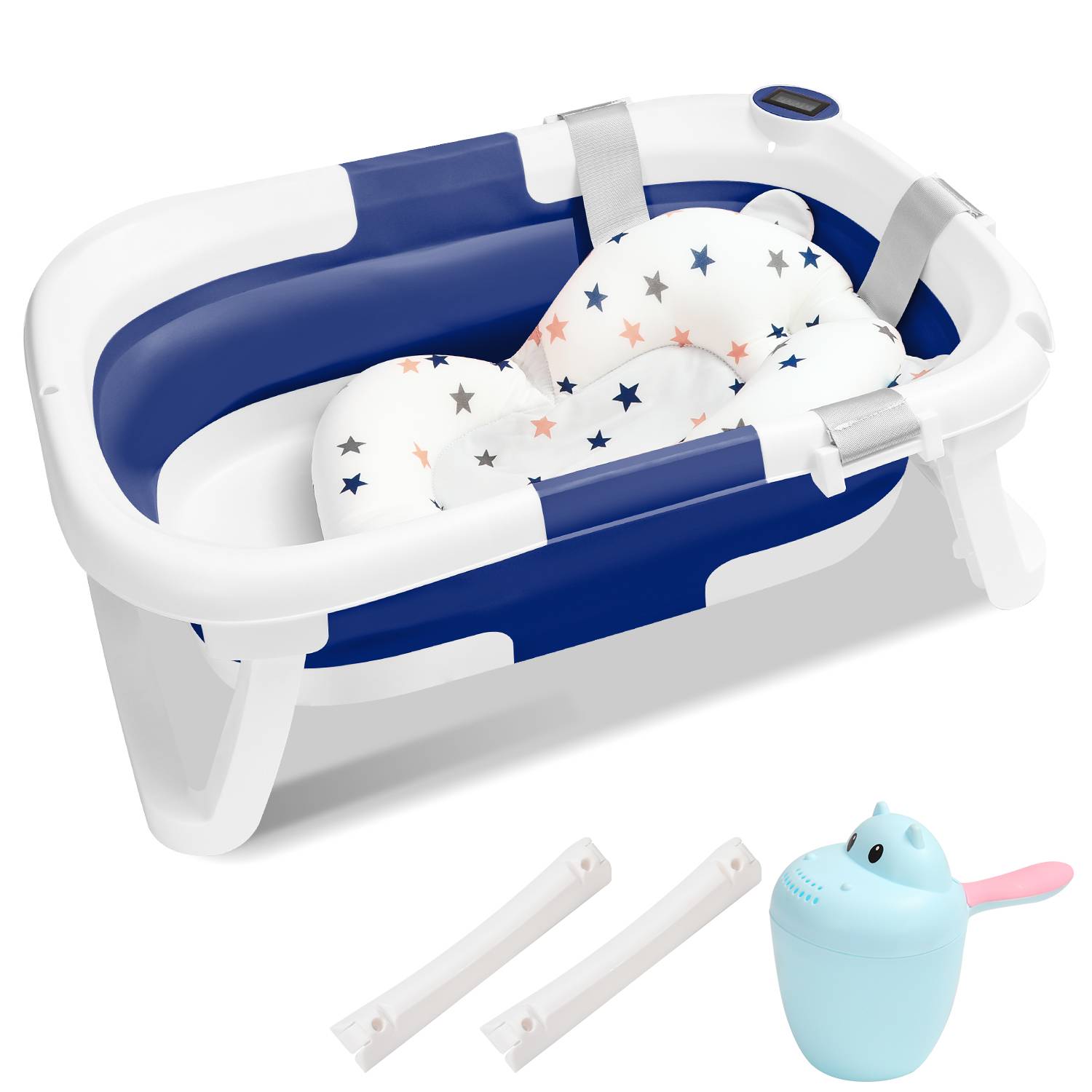 Baby Badewanne Faltbar mit Thermometer und Badekissen - Faltbare Badewanne Baby 60.5 cm - Grau