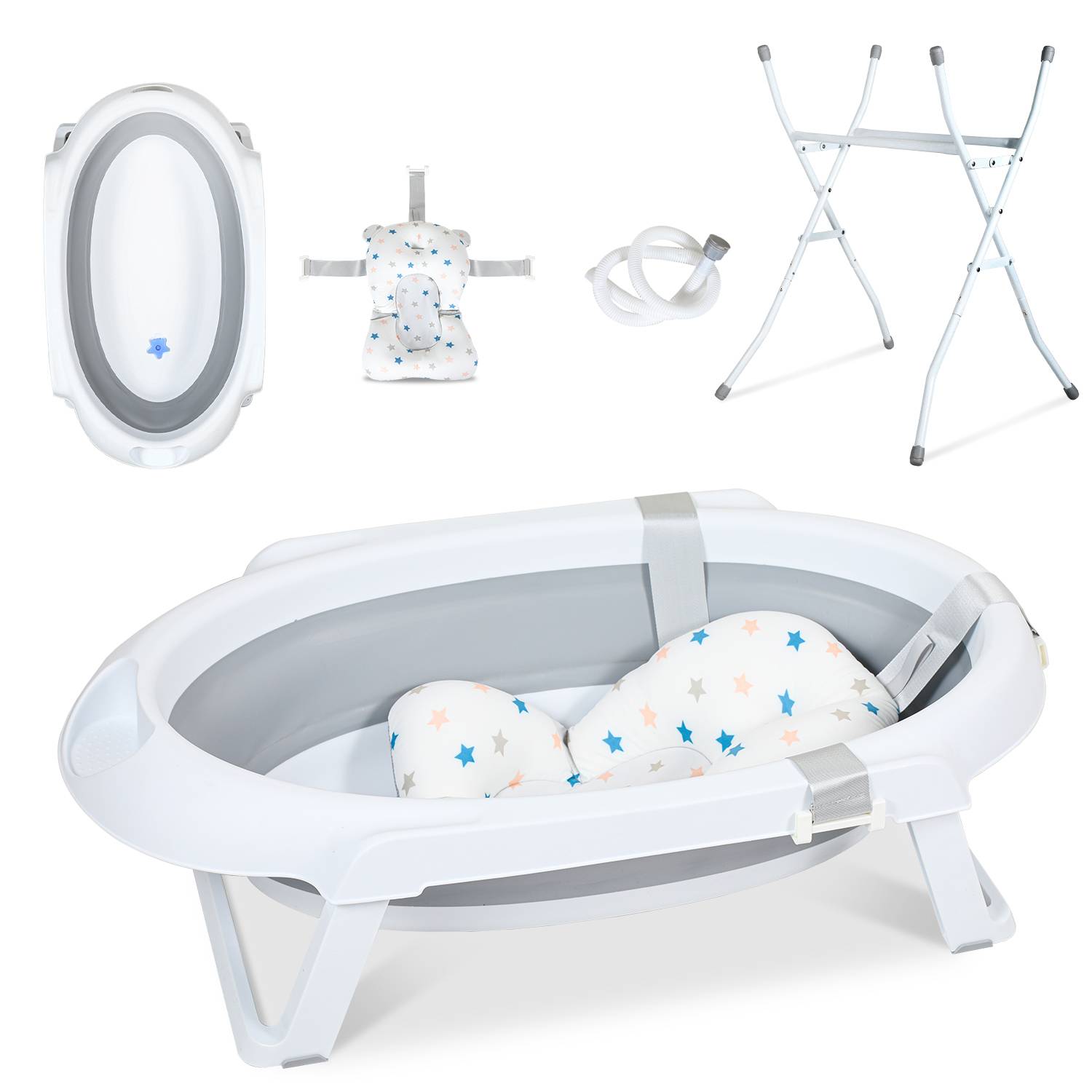Babybadewanne mit Gestell 85cm - Baby Badewanne Faltbar mit Stöpsel&Badekissen,Grau