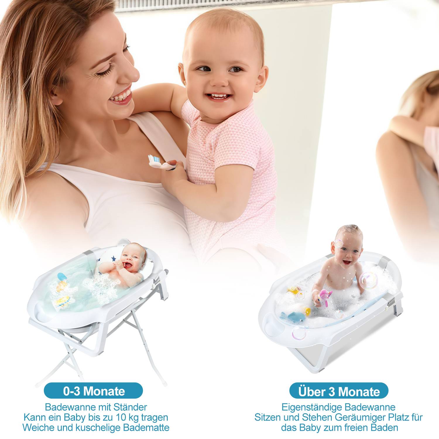 Babybadewanne mit Gestell 85cm - Baby Badewanne Faltbar mit Stöpsel&Badekissen,Grau