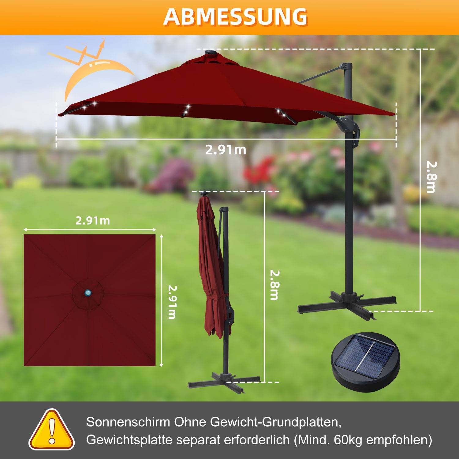 300 cm Sonnenschirm Gartenschirm mit Kurbel, Neigbar, UV50+ Rot