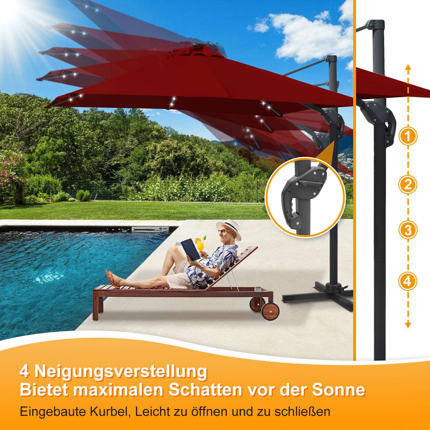 300 cm Sonnenschirm Gartenschirm mit Kurbel, Neigbar, UV50+ Rot