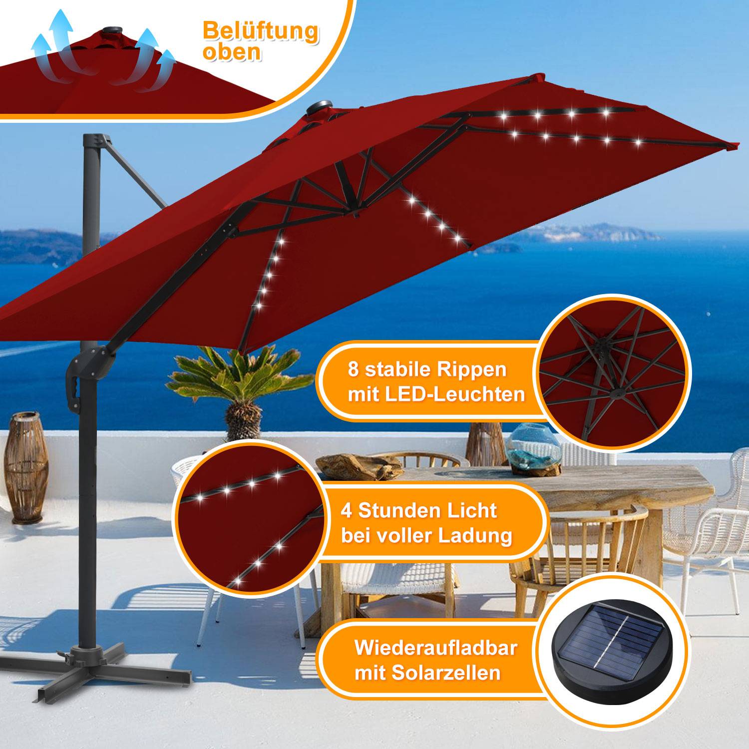 3M Sonnenschirm Quadrat Terrassenschirm mit Kurbel, UV50+ Schutz Rot