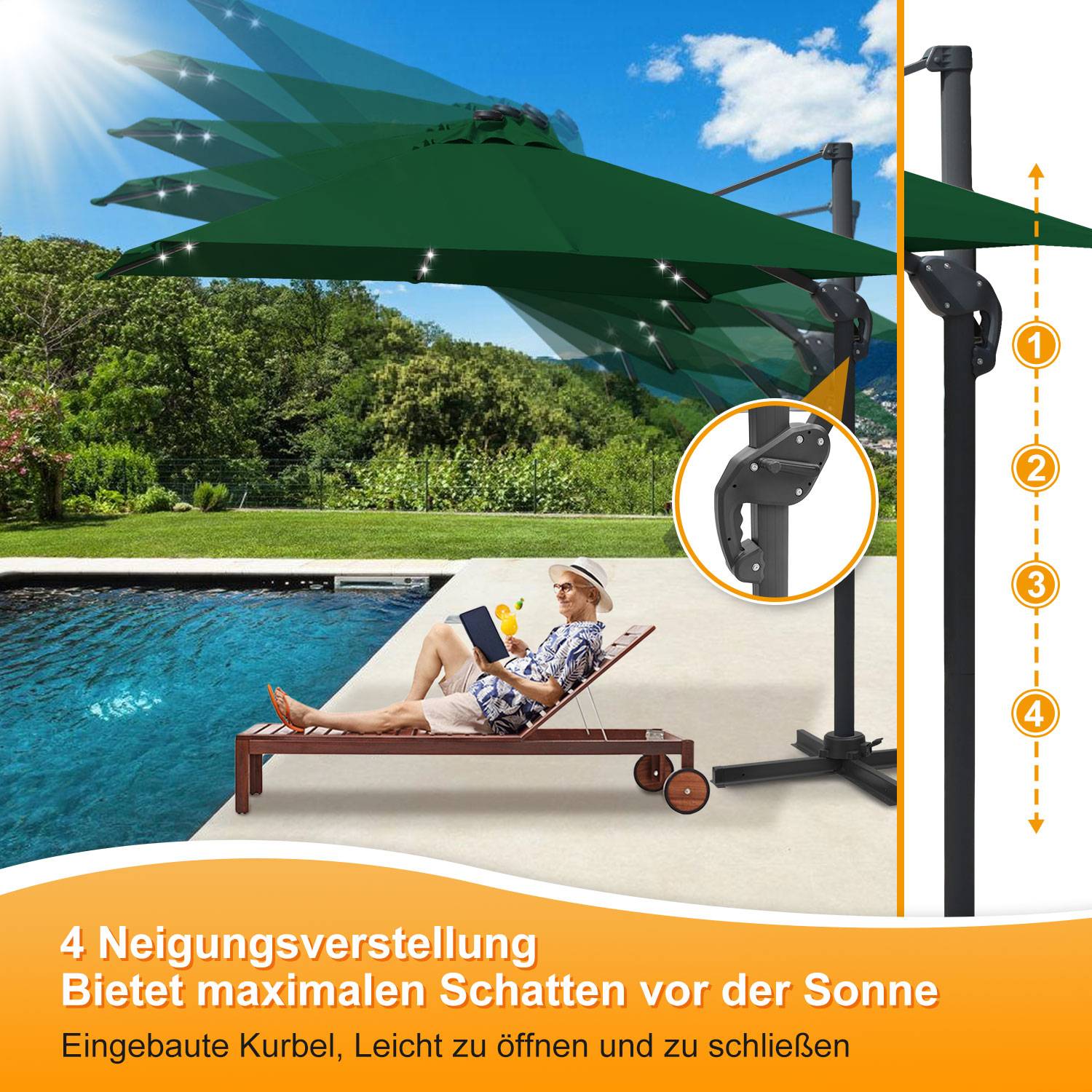 300 cm Sonnenschirm Gartenschirm mit Kurbel, Neigbar, UV50+ Grün