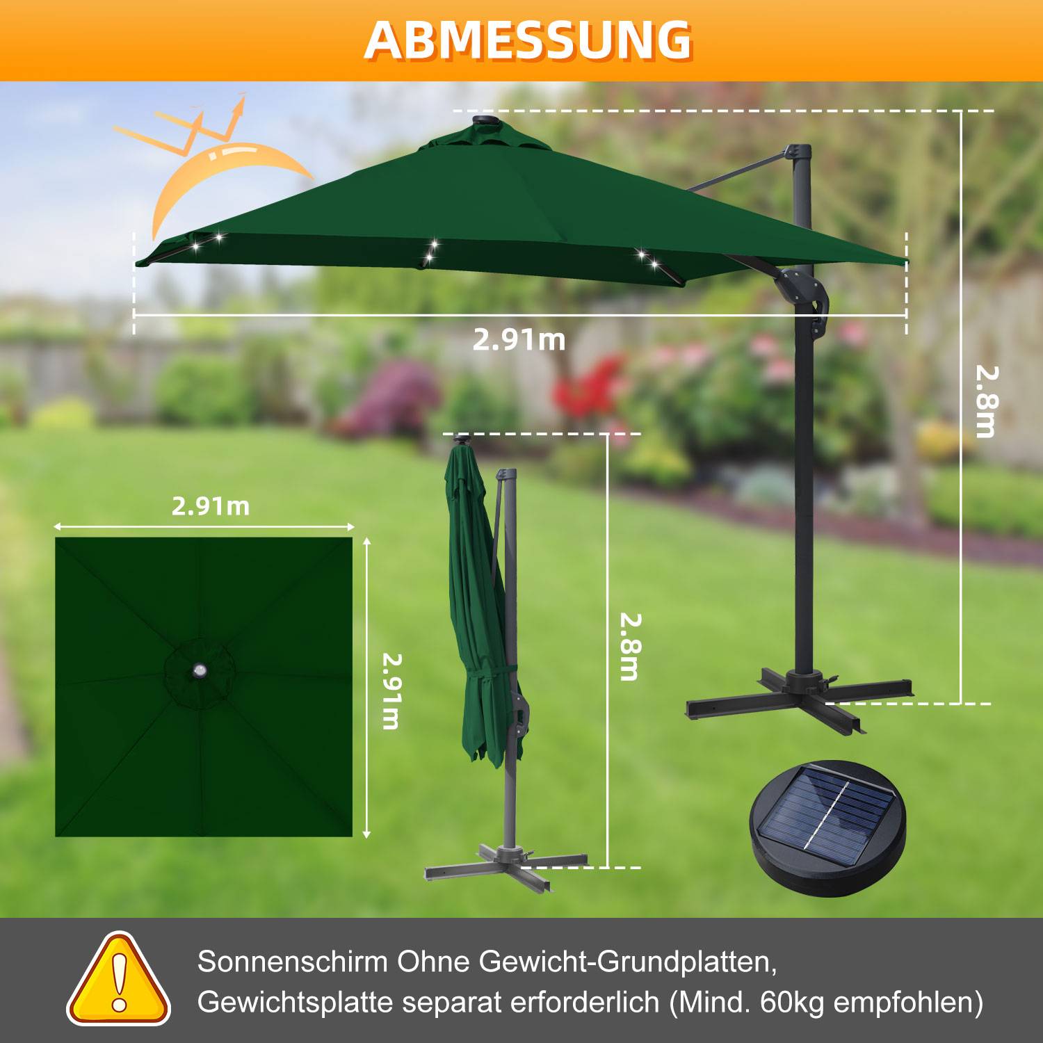 3M Sonnenschirm Quadrat Terrassenschirm mit Kurbel, UV50+ Schutz Grün