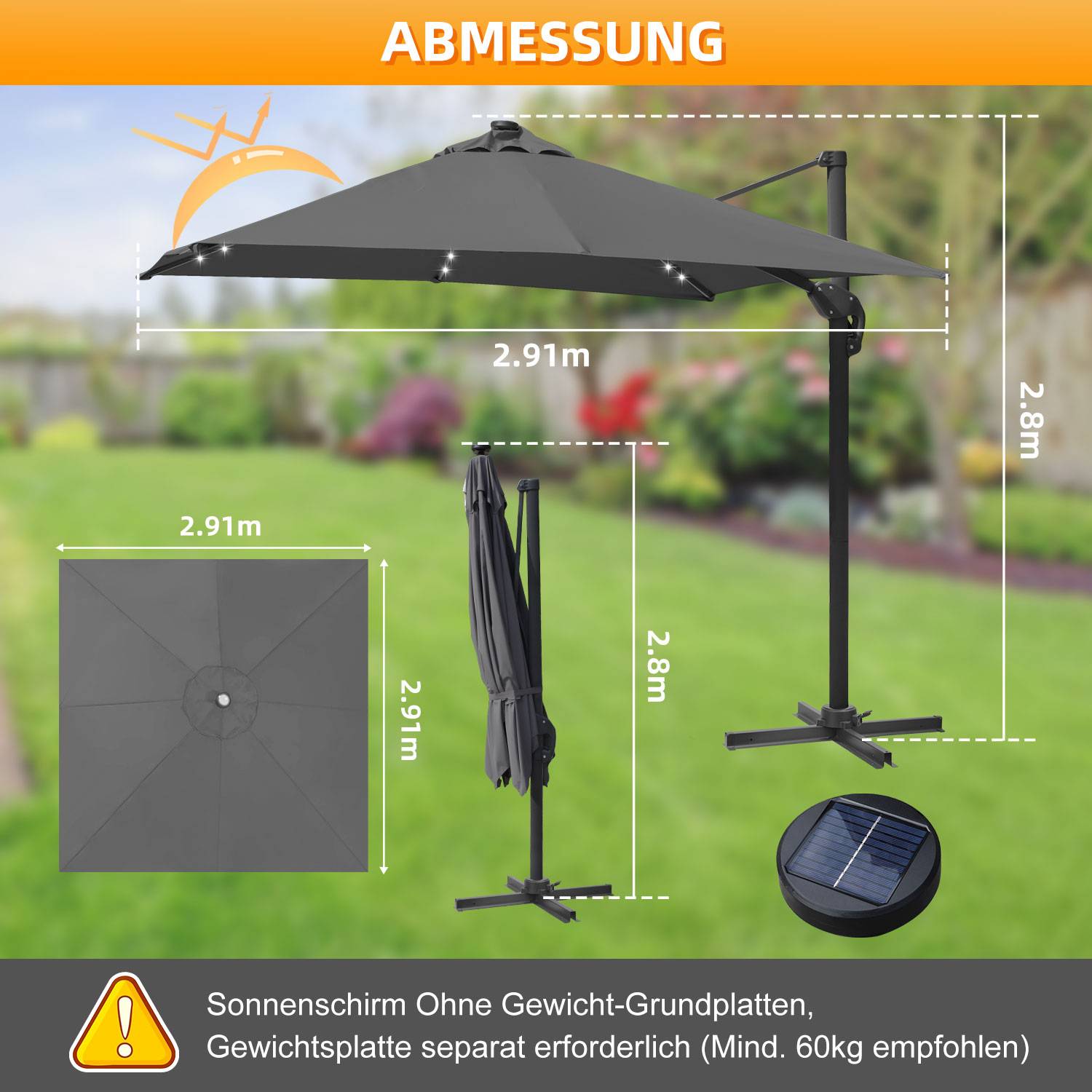 300 cm Sonnenschirm Gartenschirm mit Kurbel, Neigbar, UV50+ Grau