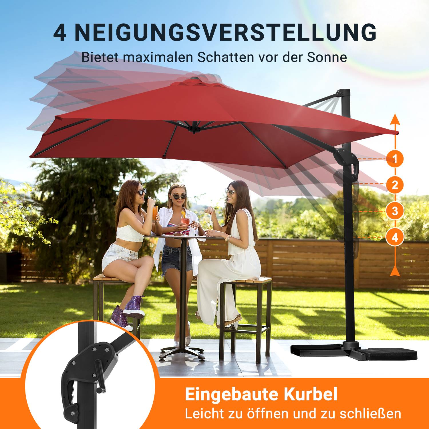 300 cm Sonnenschirm Gartenschirm mit Kurbel, Neigbar, UV50+ LED Rot