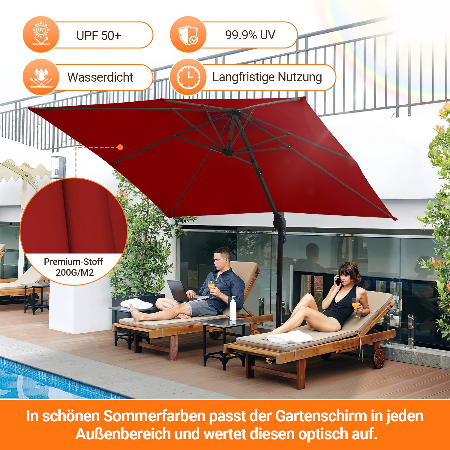 3M Sonnenschirm Quadrat Terrassenschirm mit Kurbel, UV50+ LED Rot