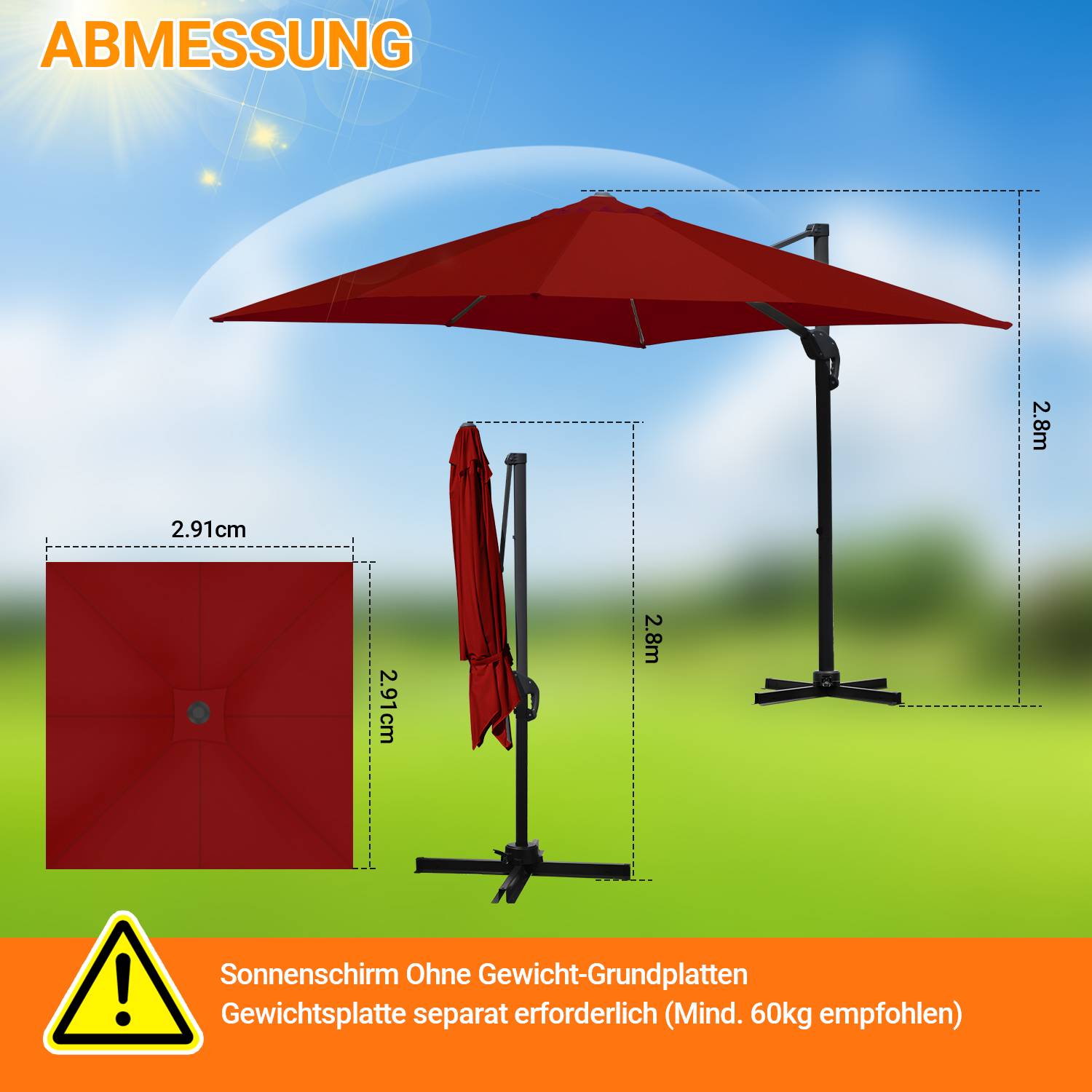 Sonnenschirm Beleuchtung Ampelschirm 300 cm Garten Schirm Pavillon UV50+ Rot