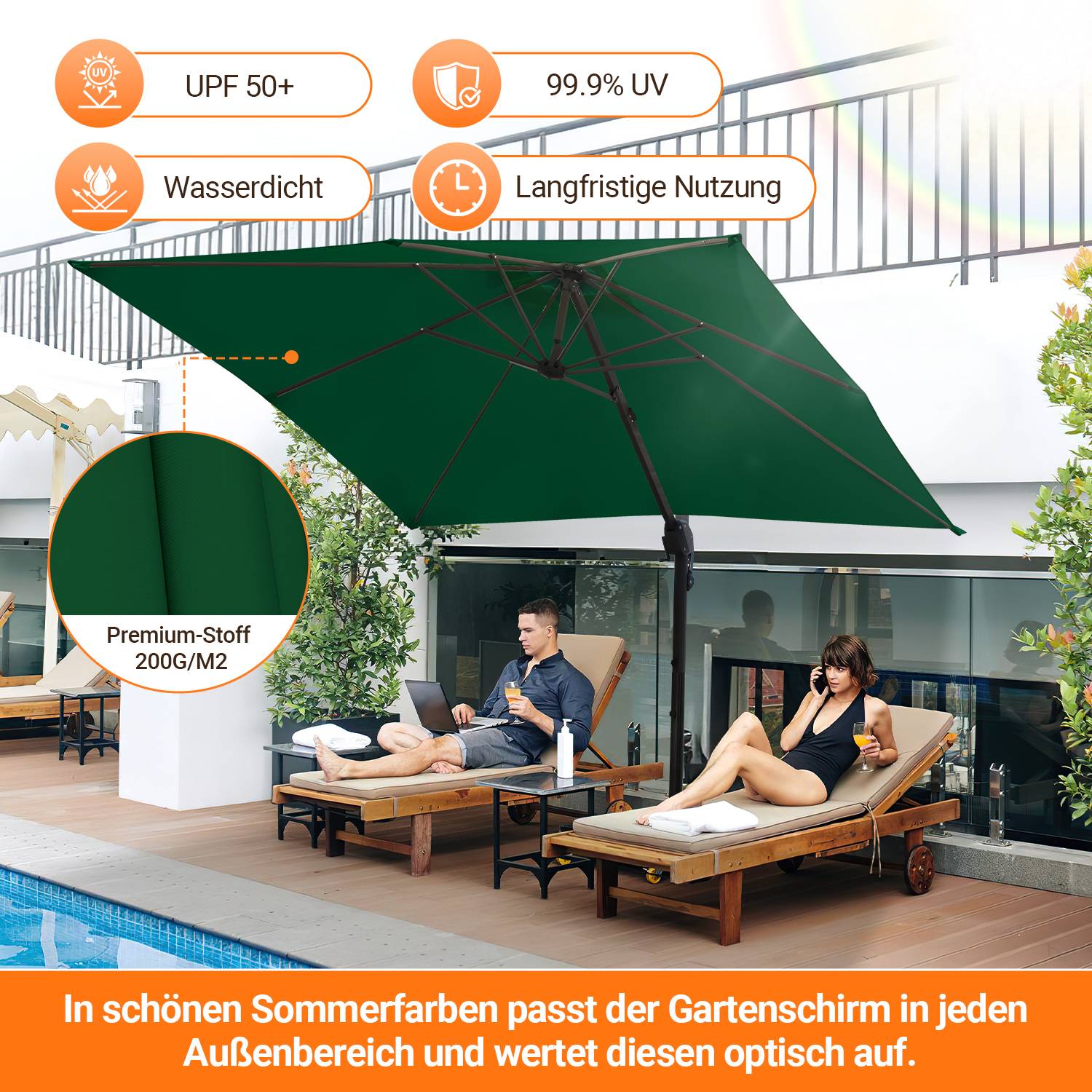 300 cm Sonnenschirm Gartenschirm mit Kurbel, Neigbar, UV50+ LED Grün