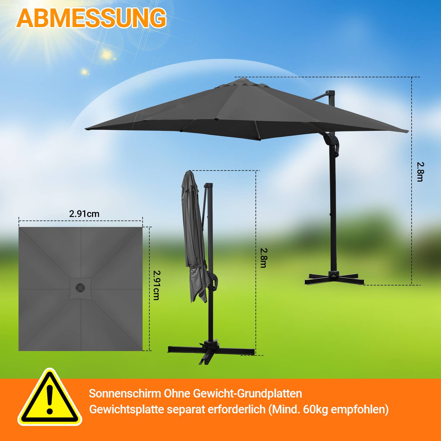 Sonnenschirm Beleuchtung Ampelschirm 300 cm Garten Schirm Pavillon UV50+ Grau