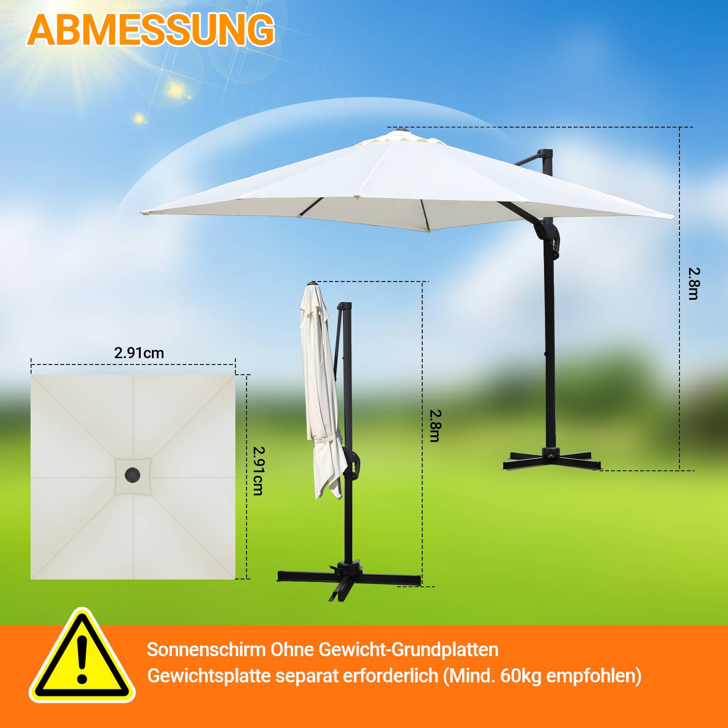 300 cm Sonnenschirm Gartenschirm mit Kurbel, Neigbar, UV50+ LED Beige