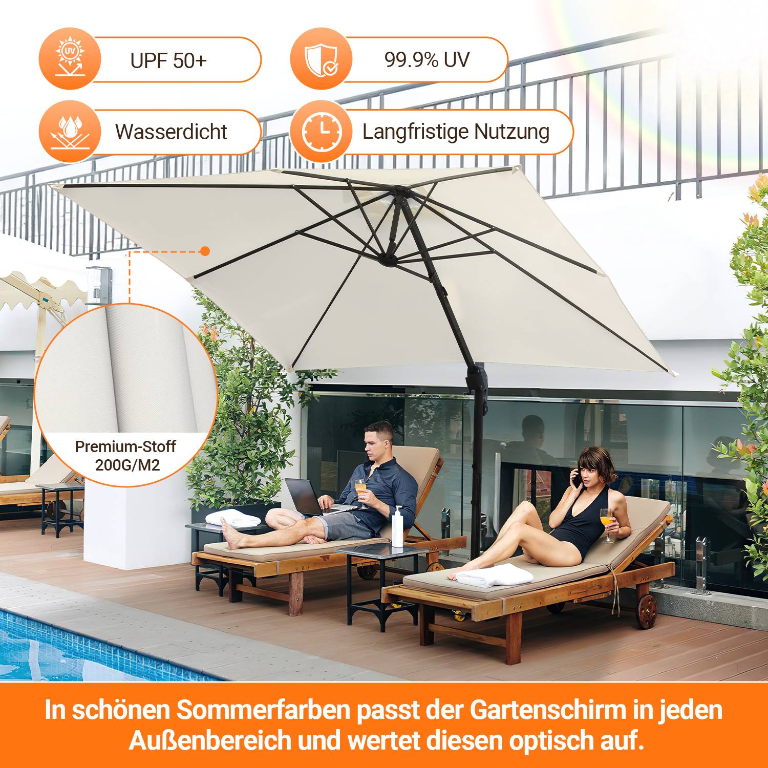 3M Sonnenschirm Quadrat Terrassenschirm mit Kurbel, UV50+ LED Beige