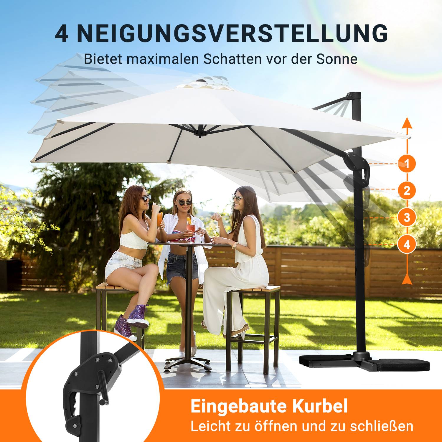 300 cm Sonnenschirm Gartenschirm mit Kurbel, Neigbar, UV50+ LED Beige