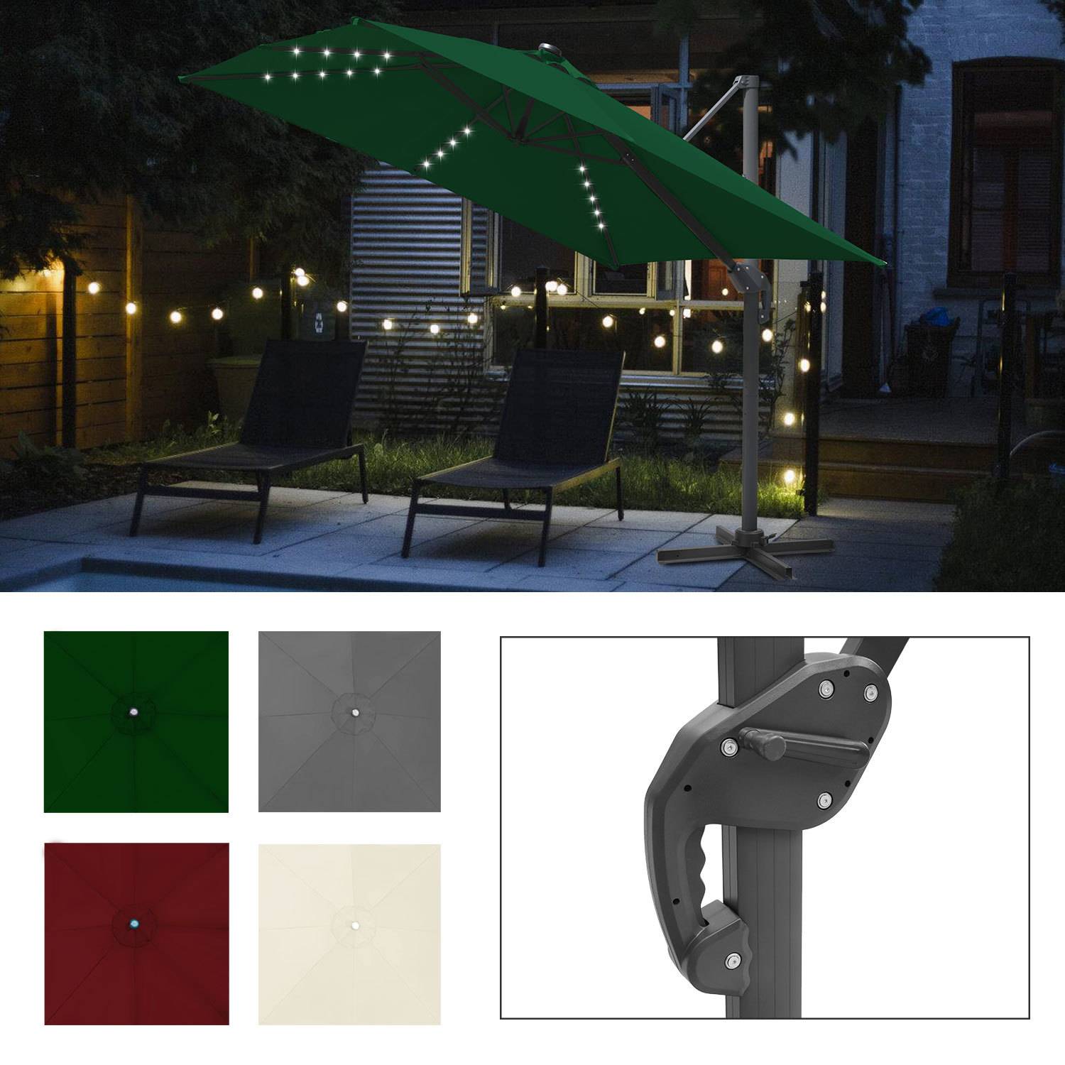 Outdoor-Terrassenschirm mit integrierten LED-Leuchten, die nachts beleuchtet sind, sowie Farboptionen und Details der Masthalterung unten.