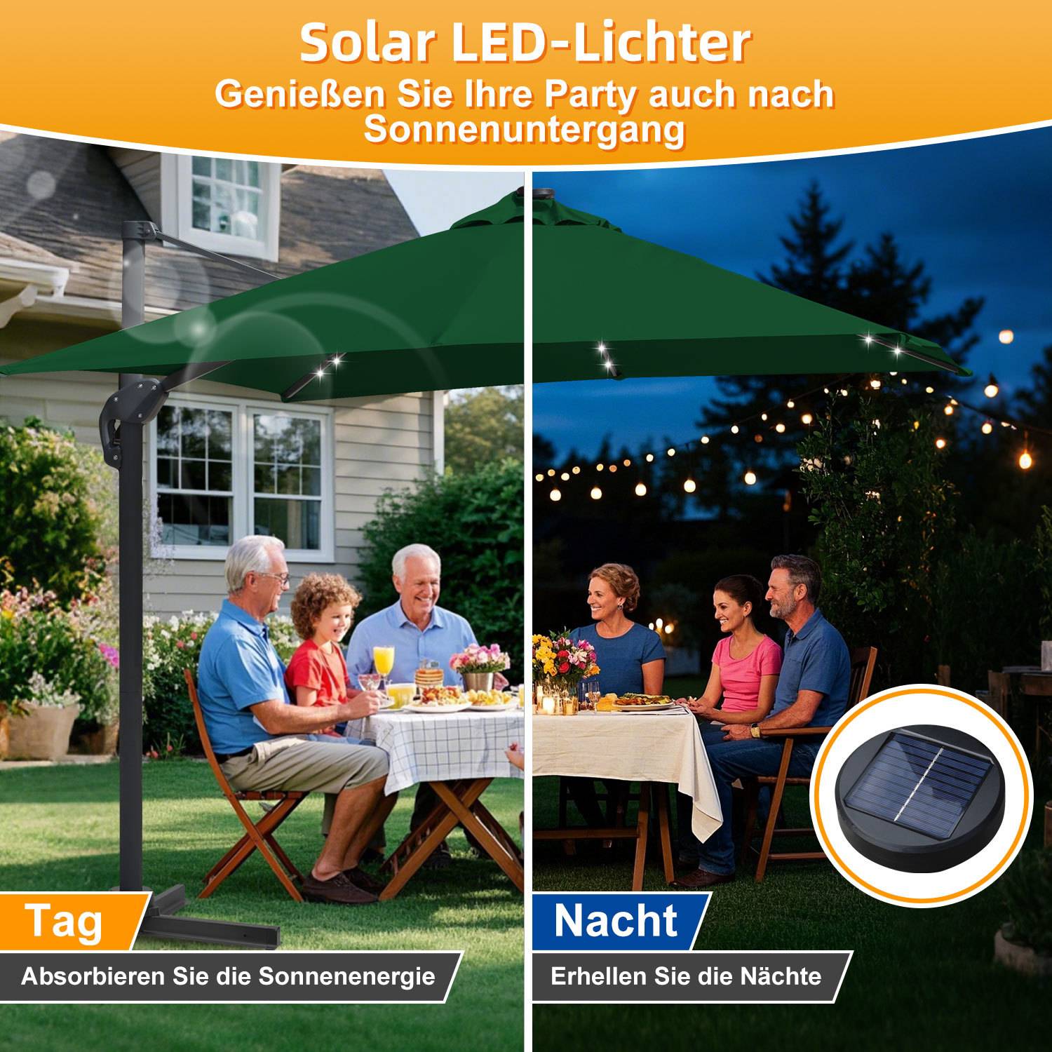 Werbebildungs-Splitbild eines Solar-LED-Schirms: Tagsüber wird er von Sonnenlicht aufgeladen, nachts zeigt sich eine leuchtende Lichterkette für Outdoor-Veranstaltungen.