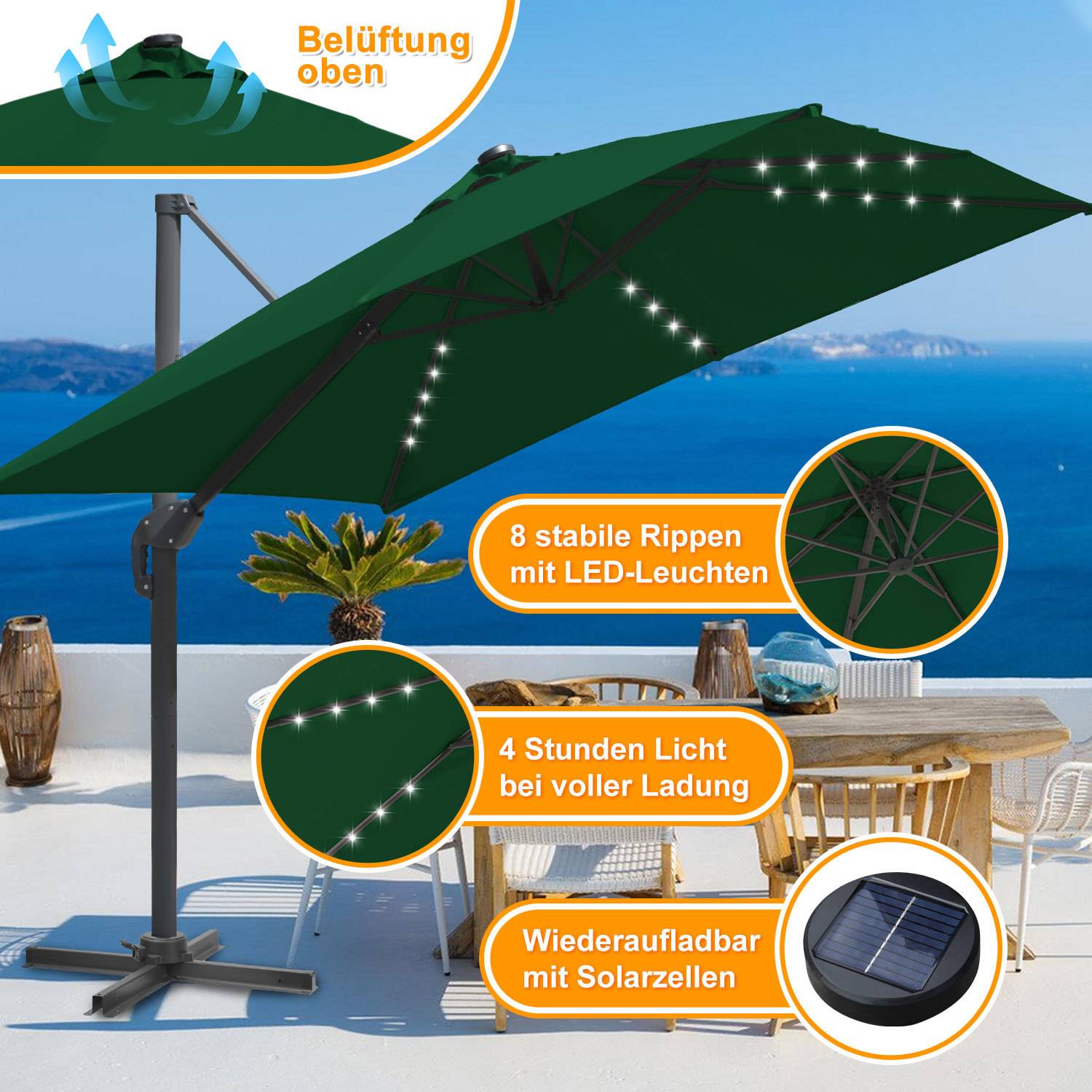 Sonnenschirm für die Terrasse mit integrierten LED-Leuchten und Solarpanel, gekennzeichnet mit 'Belüftung oben', '8 stabile Rippen mit LED-Leuchten', '4 Stunden Licht bei voller Ladung' und 'Wiederaufladbar mit Solarzellen'.
