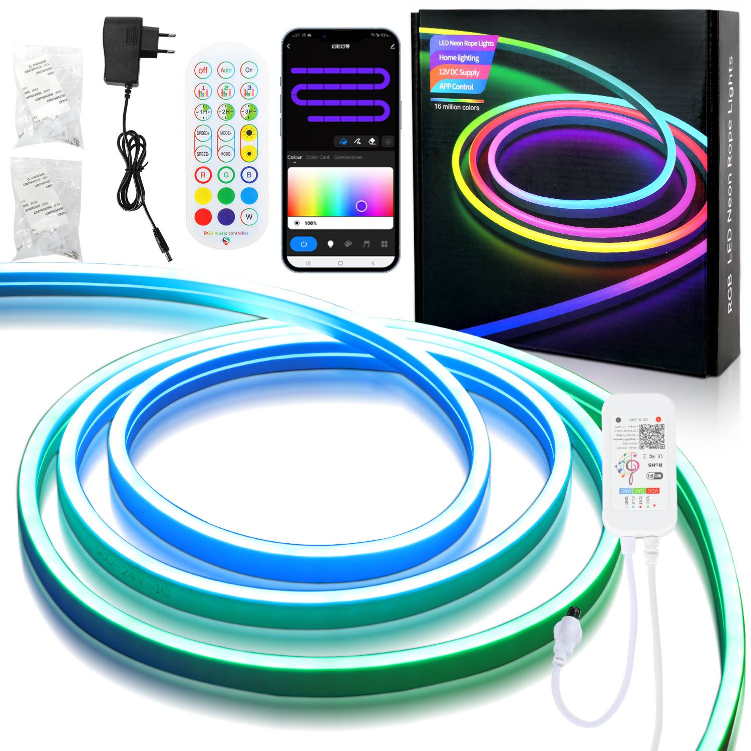 5M Neon LED Streifen Dimmbar, RGBIC Neon LED Strip, App Steuerung und Fernbedienung Timer Musik Sync, mit Alexa und Google Assistant Innen Außen