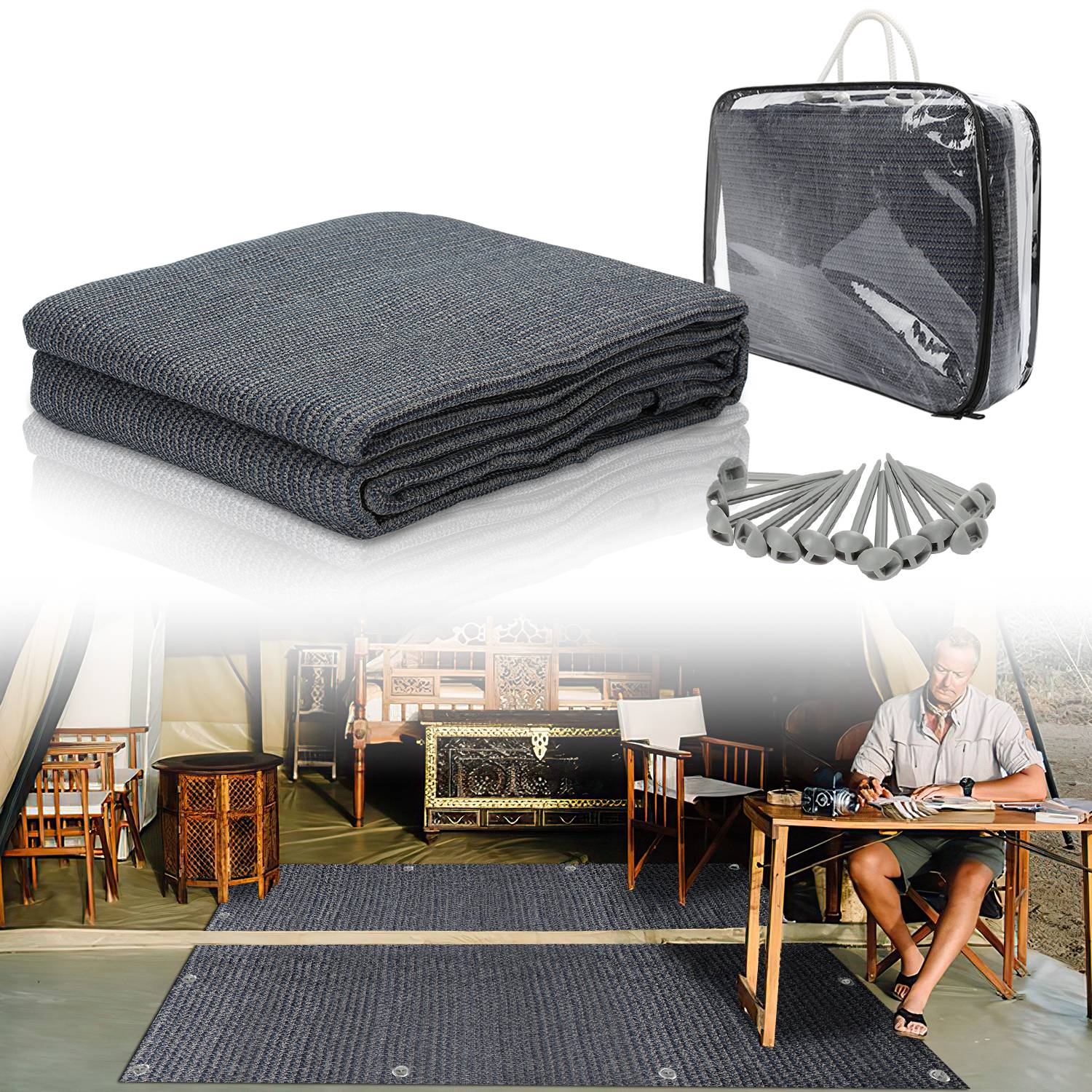 Vorzeltteppich 250x550cm Zeltteppiche mit 13 Nagel und 12 Löchern Camping teppich HDPE Zeltunterlage, Grau