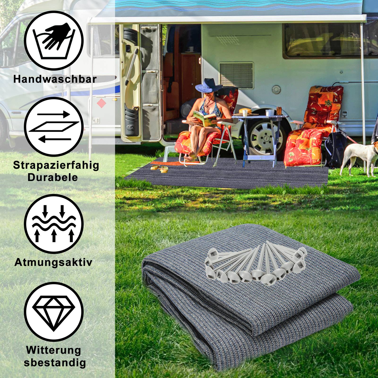 Vorzeltteppich 400x600cm Zeltteppiche mit 13 Nagel und 12 Löchern Camping teppich HDPE Zeltunterlage, Grau